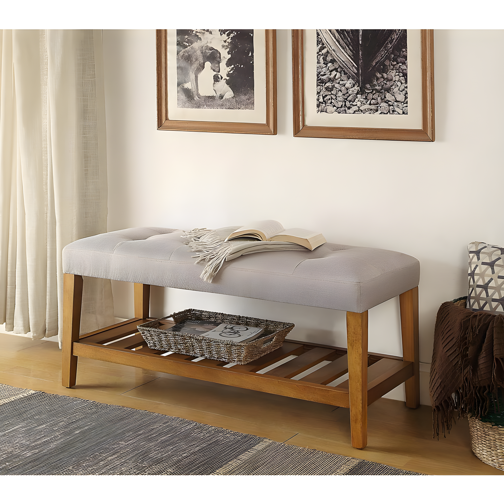 ACME 96680 Charla Wooden Frame Slatted Lower Shelf Bench, Light Gray and Oak