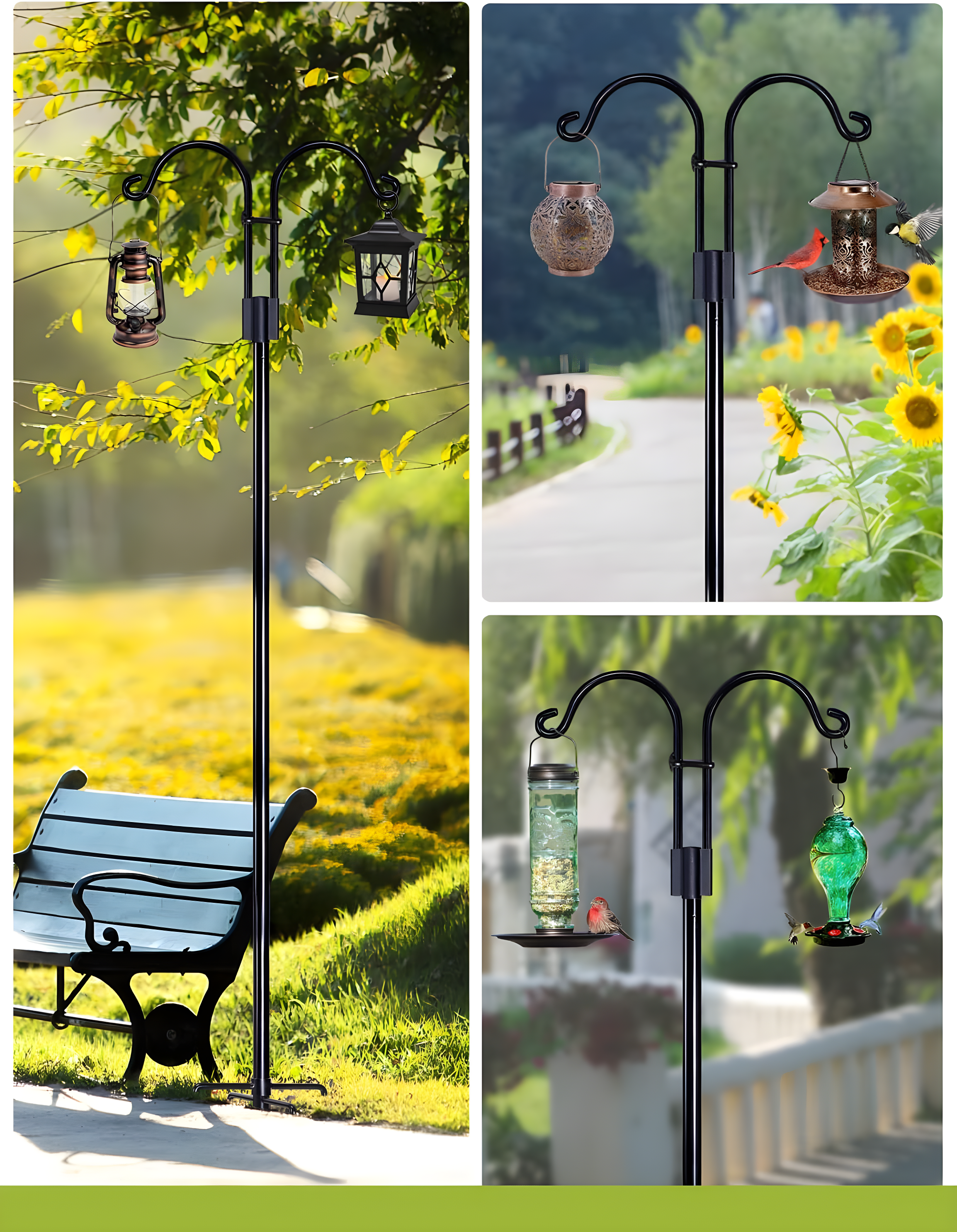 AOWOO Double Shepherds Hooks for Outdoor, 76 Inch Bird Feeder Pole with 5 Prongs Base, Adjustable Shepherd Hook 2-Pack Heavy Duty Two Sided Garden Pole for Hanging Bird Feeders, Plant Baskets, Black