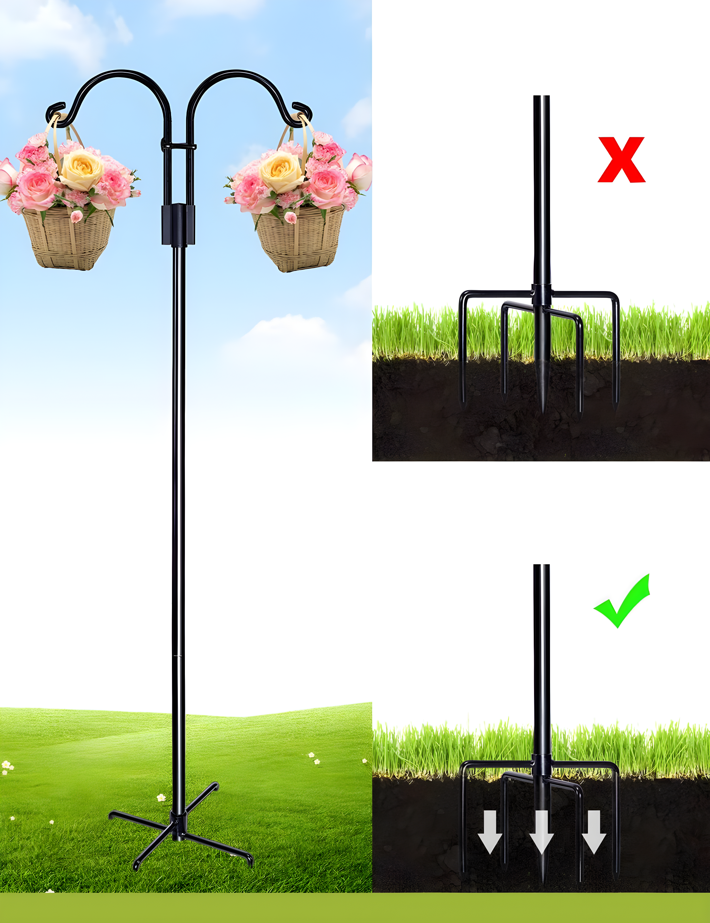 AOWOO Double Shepherds Hooks for Outdoor, 76 Inch Bird Feeder Pole with 5 Prongs Base, Adjustable Shepherd Hook 2-Pack Heavy Duty Two Sided Garden Pole for Hanging Bird Feeders, Plant Baskets, Black