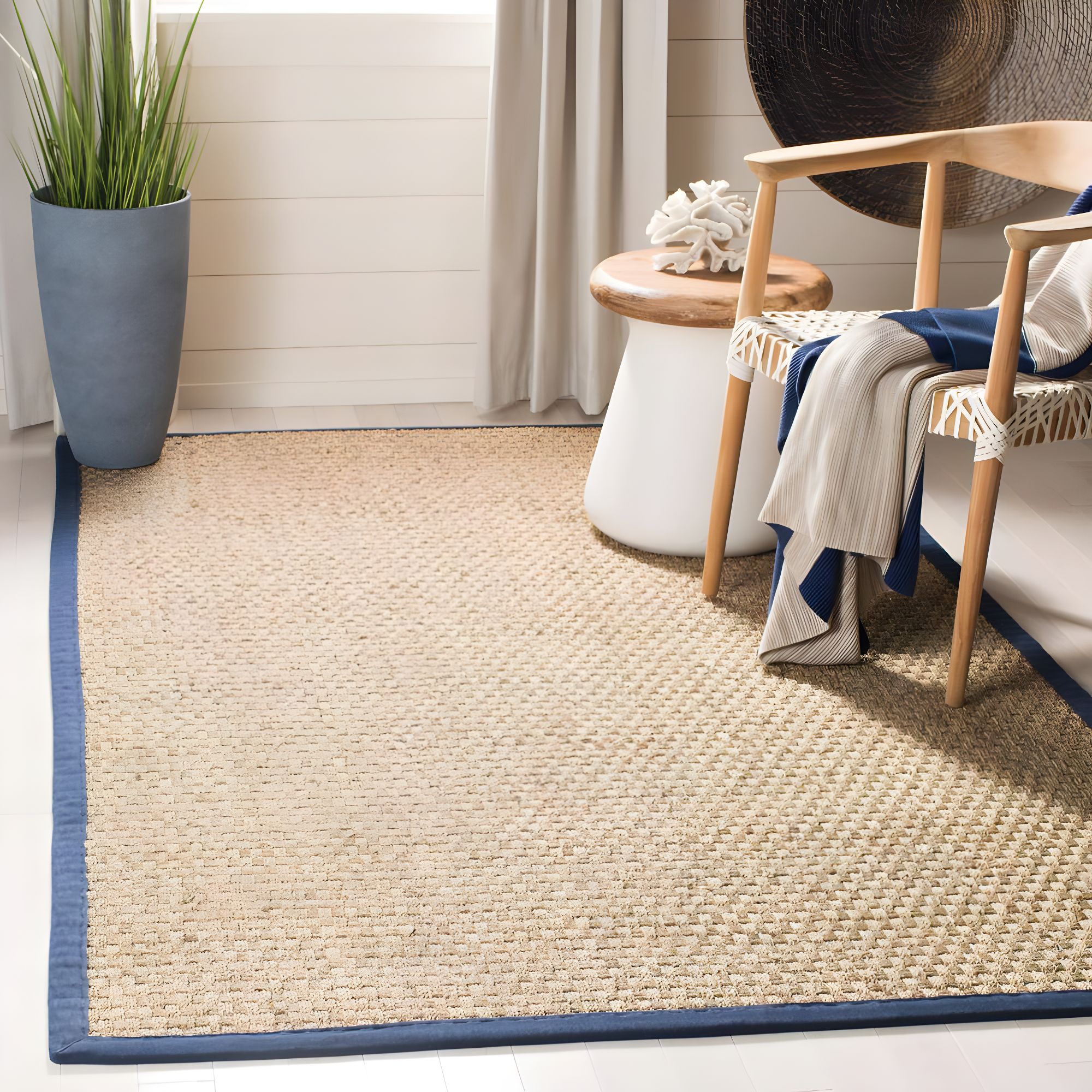 Natural Fiber NF114 Power Loomed Indoor Area Rug - Natural/Navy Blue - 6'x6' - Safavieh