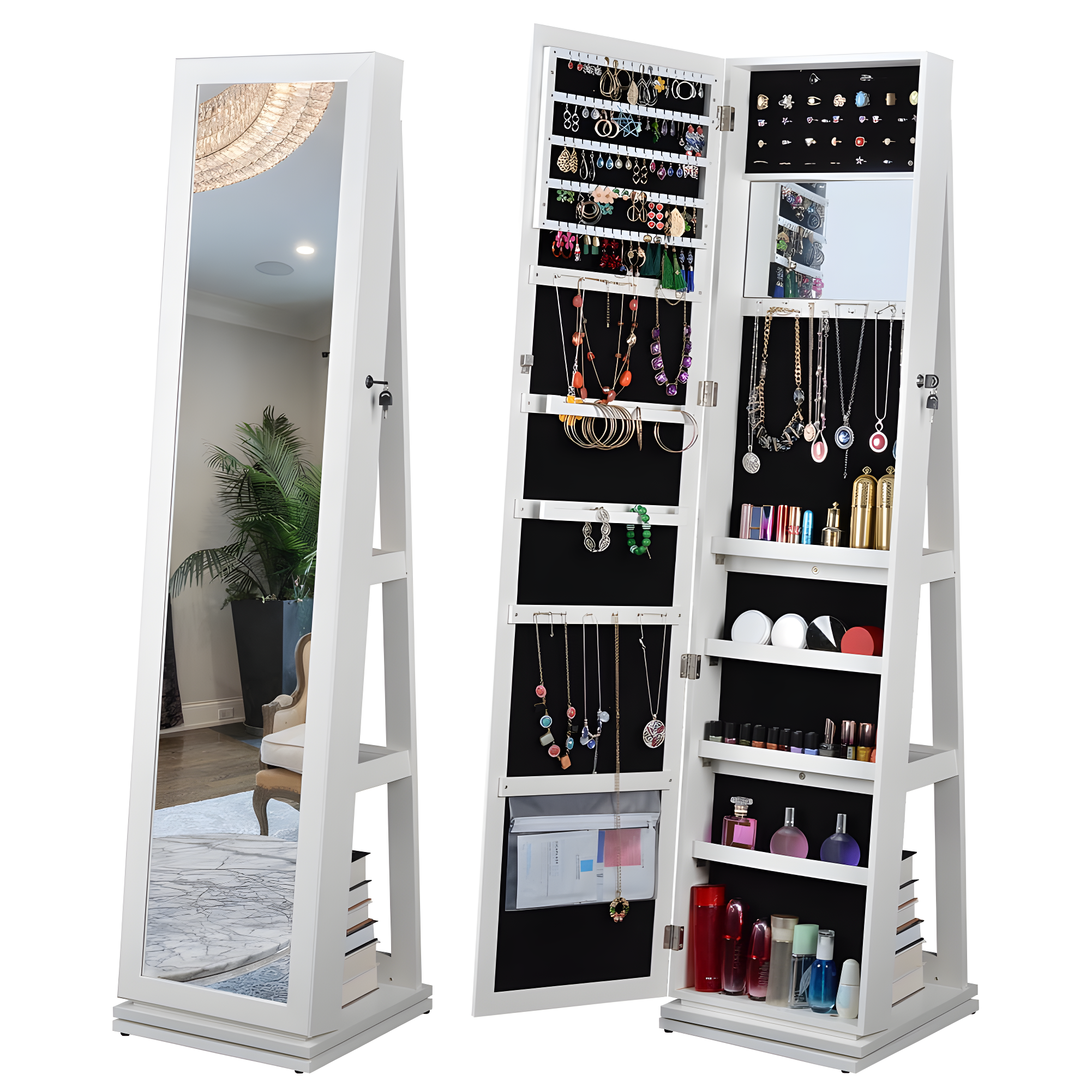 360° Swivel Jewelry Cabinet, Rotatable Full Length Mirror With Jewelry Storage, Lockable Standing Jewelry Armoire Organizer,white