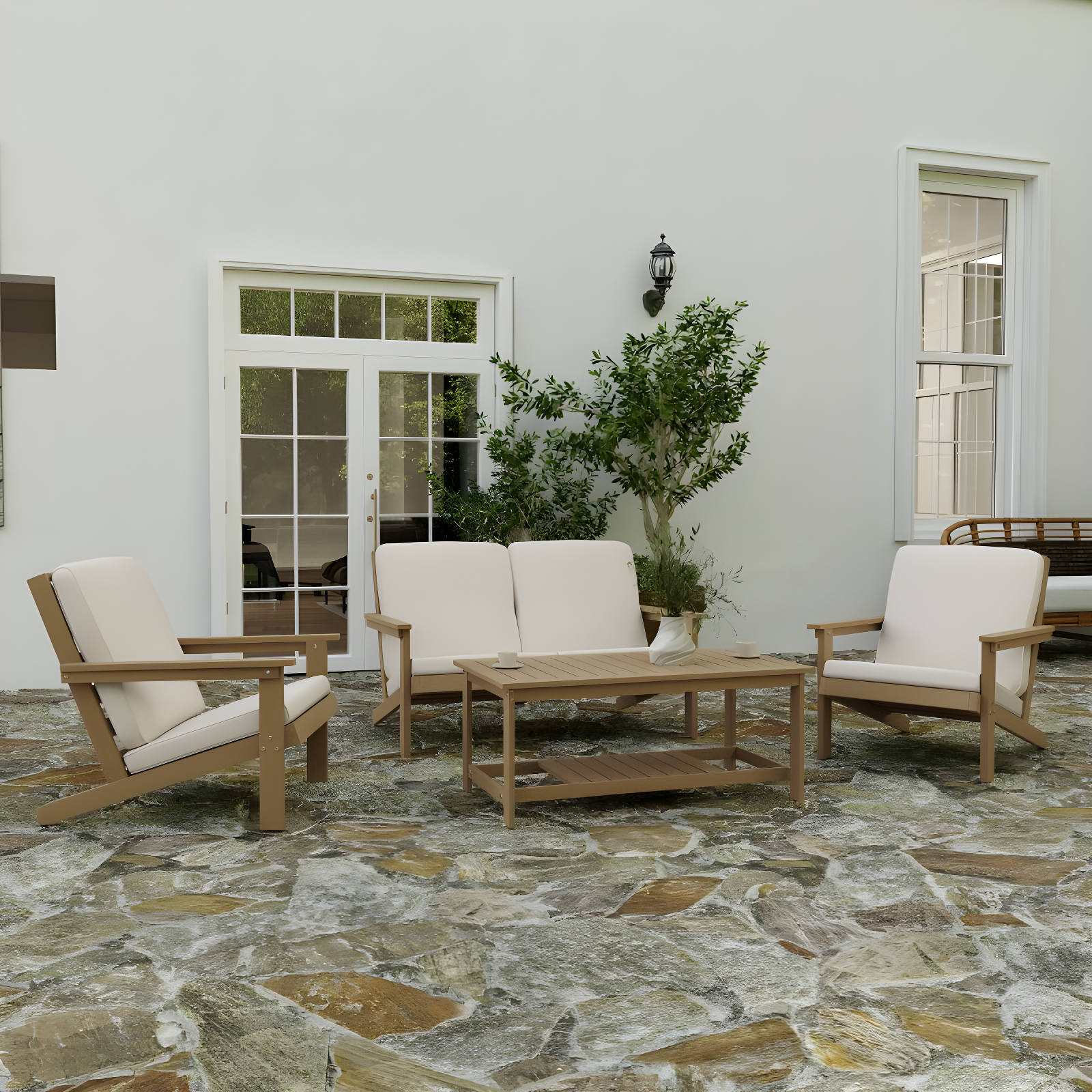 Merrick Lane All-Weather Poly Resin Wood Two Tiered Adirondack Slatted Coffee Conversation Table in Natural Cedar