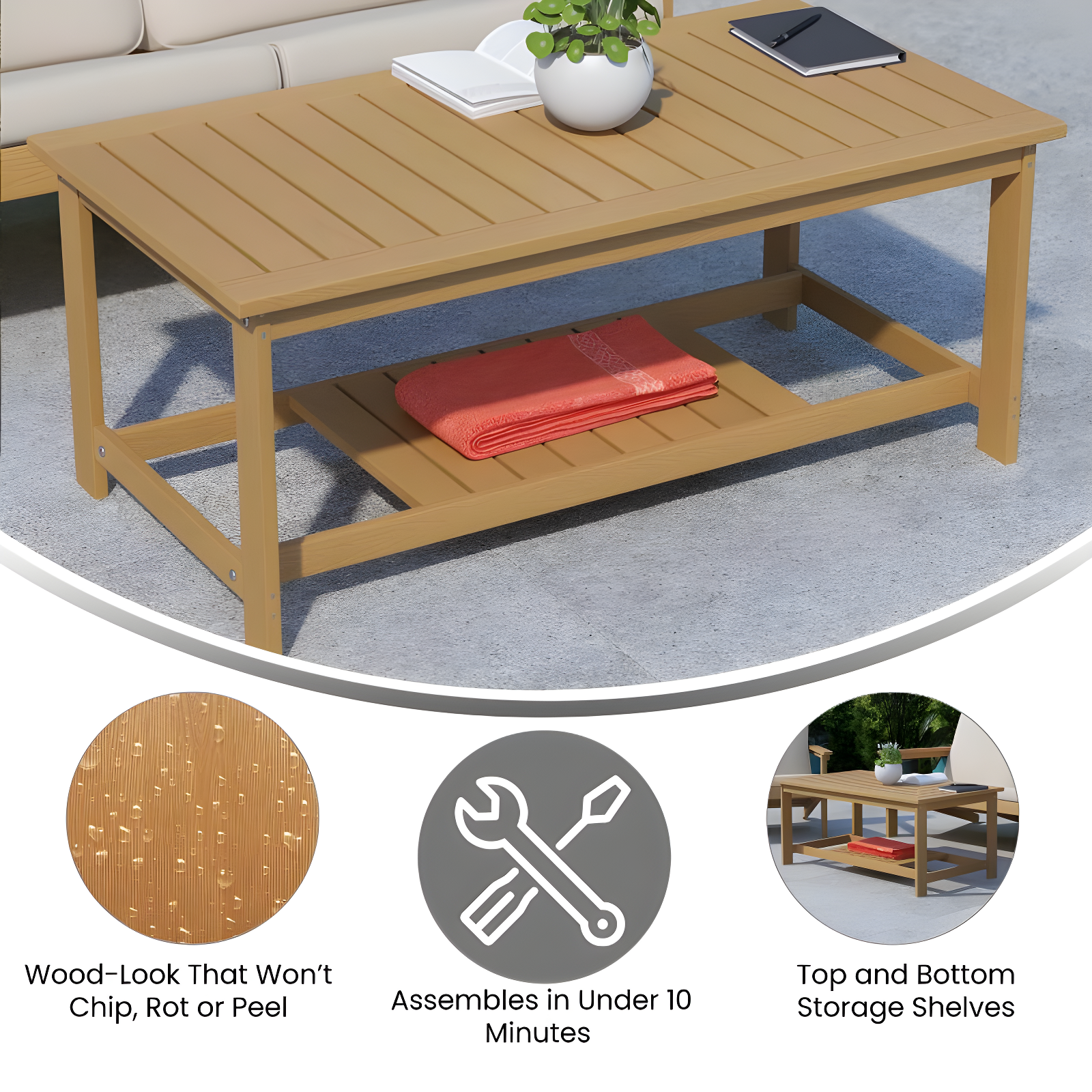 Merrick Lane All-Weather Poly Resin Wood Two Tiered Adirondack Slatted Coffee Conversation Table in Natural Cedar