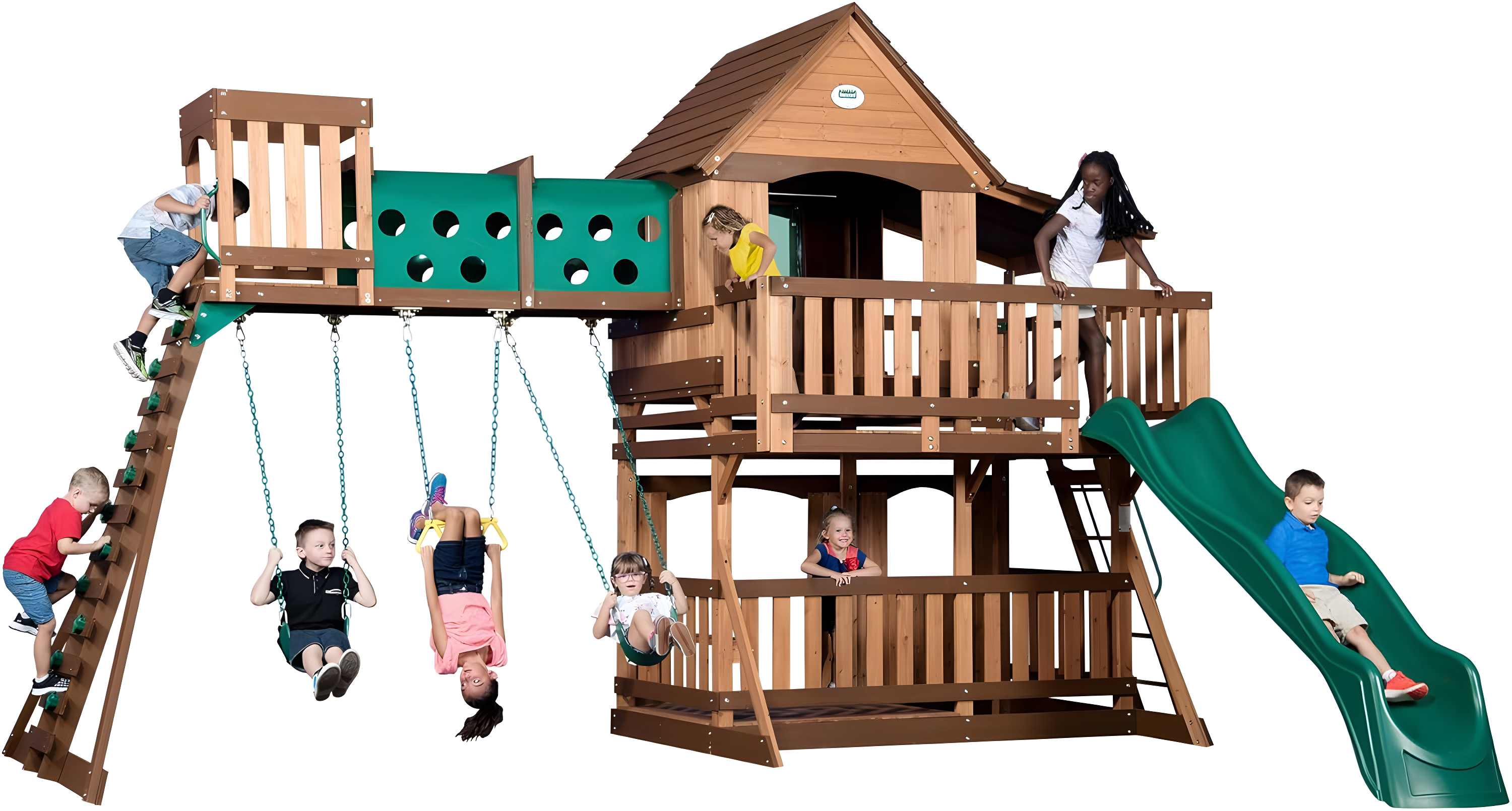 Backyard Discovery Backyard Discovery Woodridge Elite Cedar Wood Swing Set with Wave Slide, Clubhouse, Crawl Tunnel, and Crow's Nest