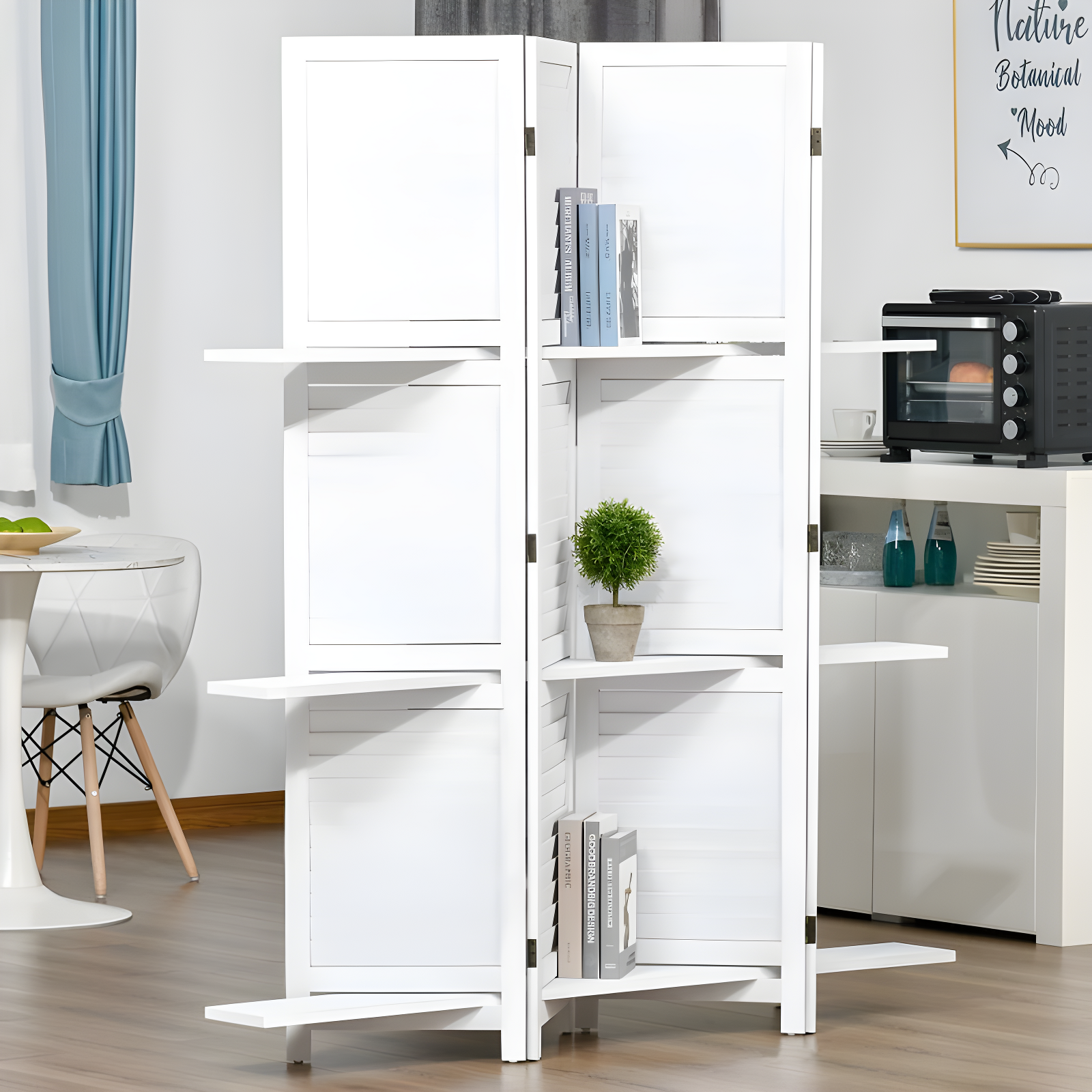 HOMCOM 4 Panel 67" Tall Wood Privacy Screen Room Divider with 3 Display Shelves, and Folding Storage for Bedroom or Home Office, White