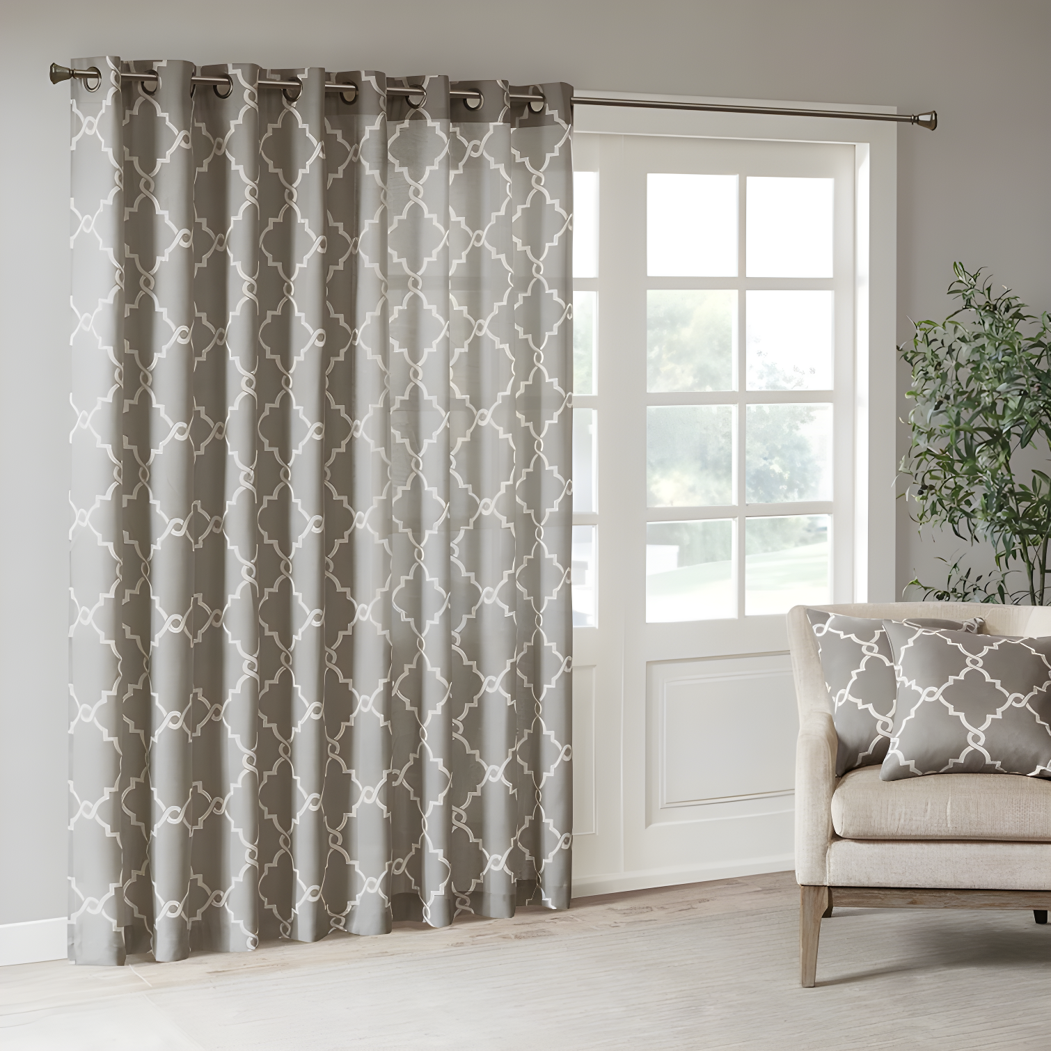 Fretwork Print Grommet Top Window Curtain Panel