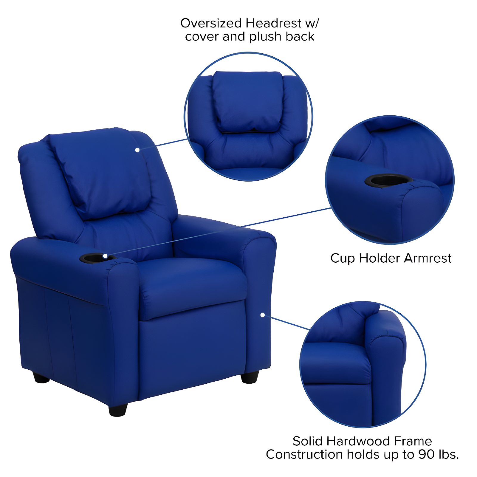 Emma and Oliver Blue Vinyl Kids Recliner with Cup Holder and Headrest