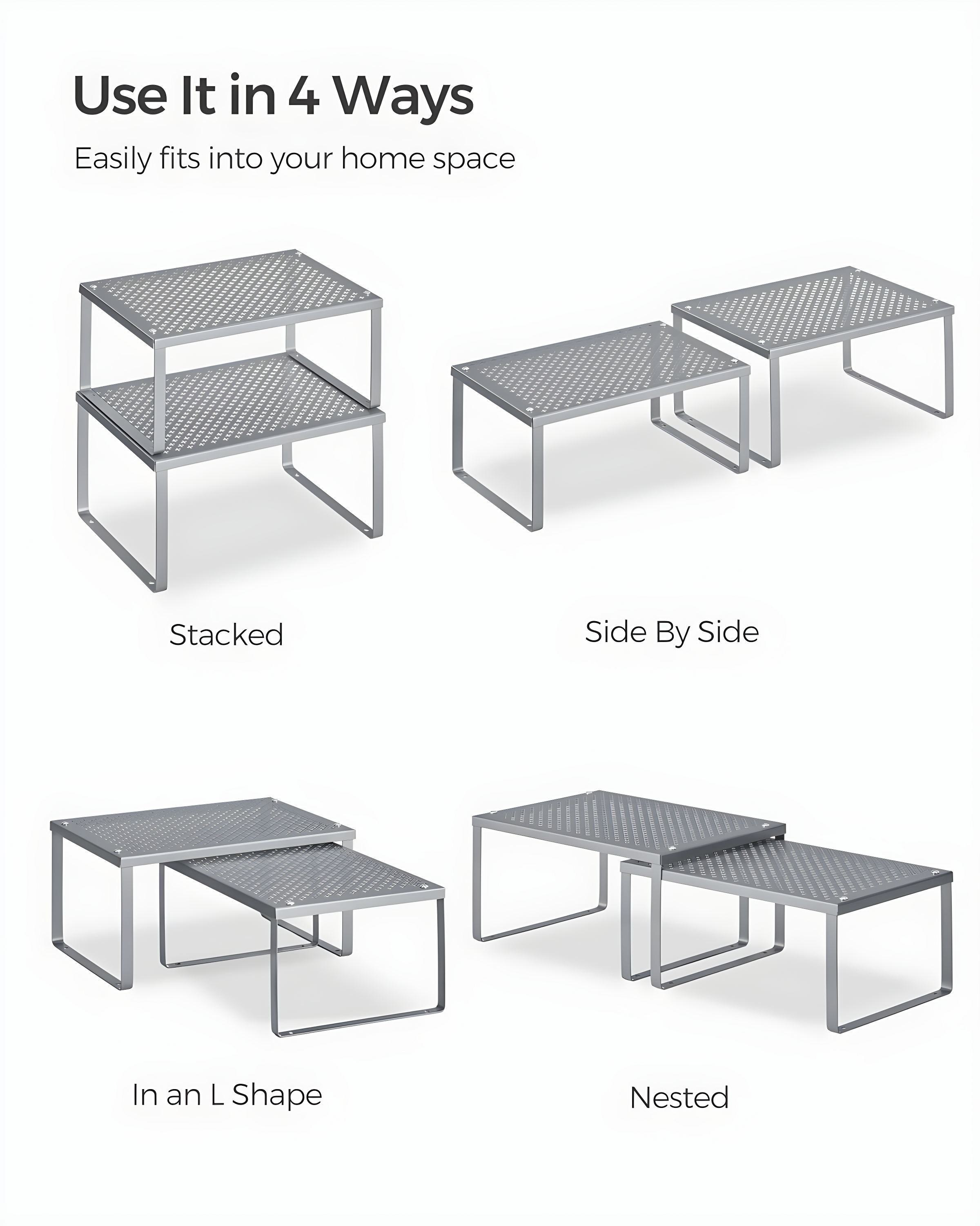 2 Pack Cabinet Organizers Shelf, Kitchen Counter Shelves, Metal Spice Rack, Kitchen Storage, Stackable, Expandable, Silver
