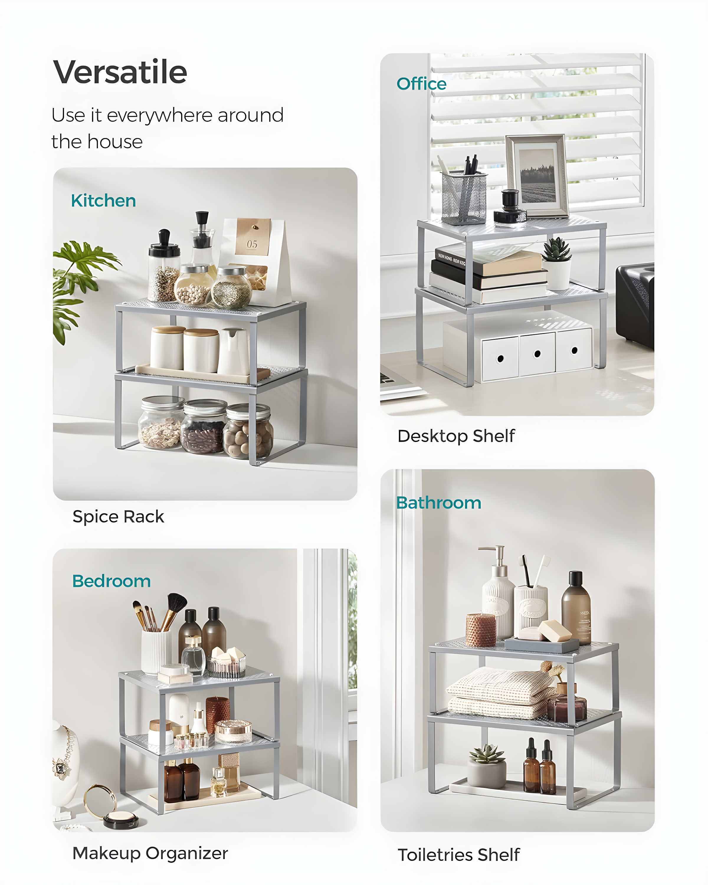 2 Pack Cabinet Organizers Shelf, Kitchen Counter Shelves, Metal Spice Rack, Kitchen Storage, Stackable, Expandable, Silver