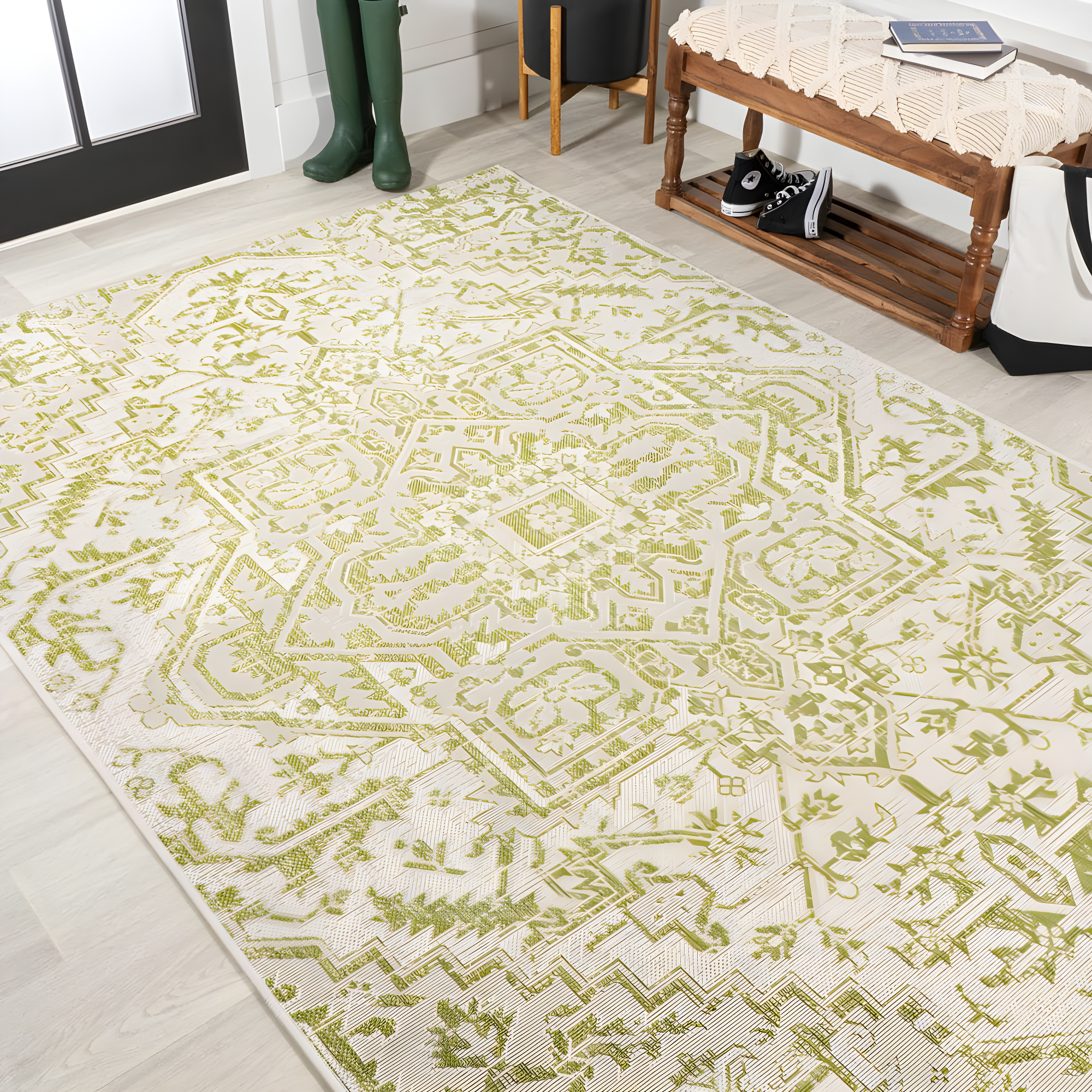 3' x 5' Estrella Bohemian Styled Medallion Textured Weave Indoor/Outdoor Area Rug, Cream/Green - JONATHAN Y