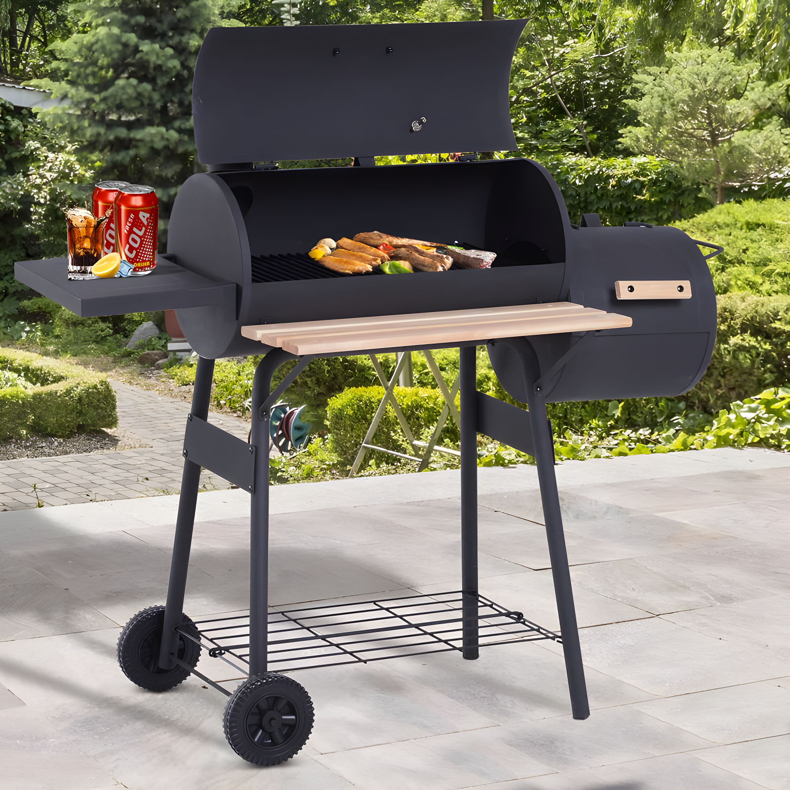Outsunny 231 Sq.In. Steel Portable Backyard Charcoal BBQ Grill and Offset Smoker Combo with Wheels