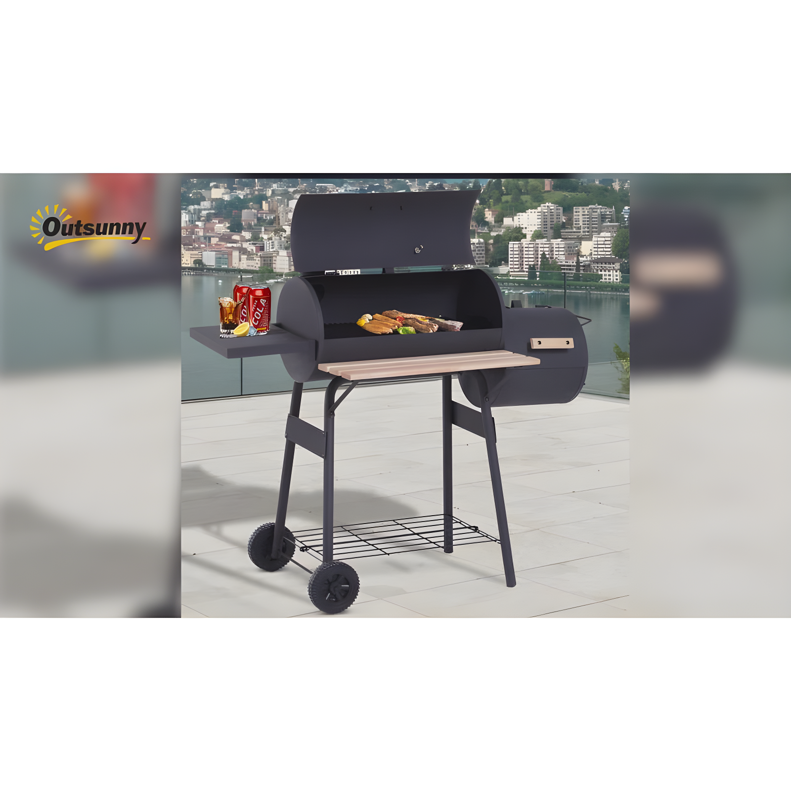 Outsunny 231 Sq.In. Steel Portable Backyard Charcoal BBQ Grill and Offset Smoker Combo with Wheels