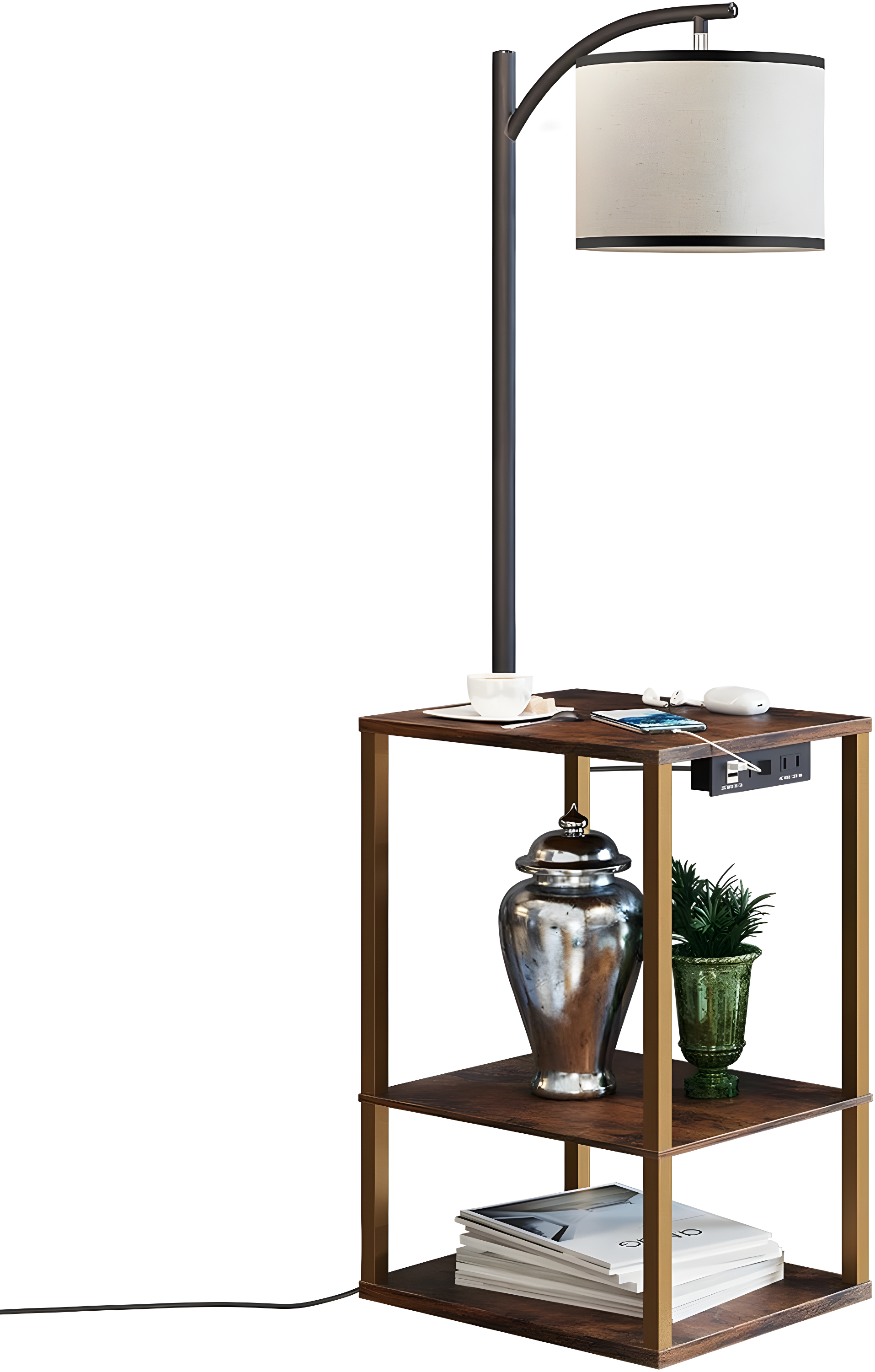 SUNMORY Floor Lamp with Table, Lamps for Living Room with USB Port, Attached End Table with Shelves, Brown