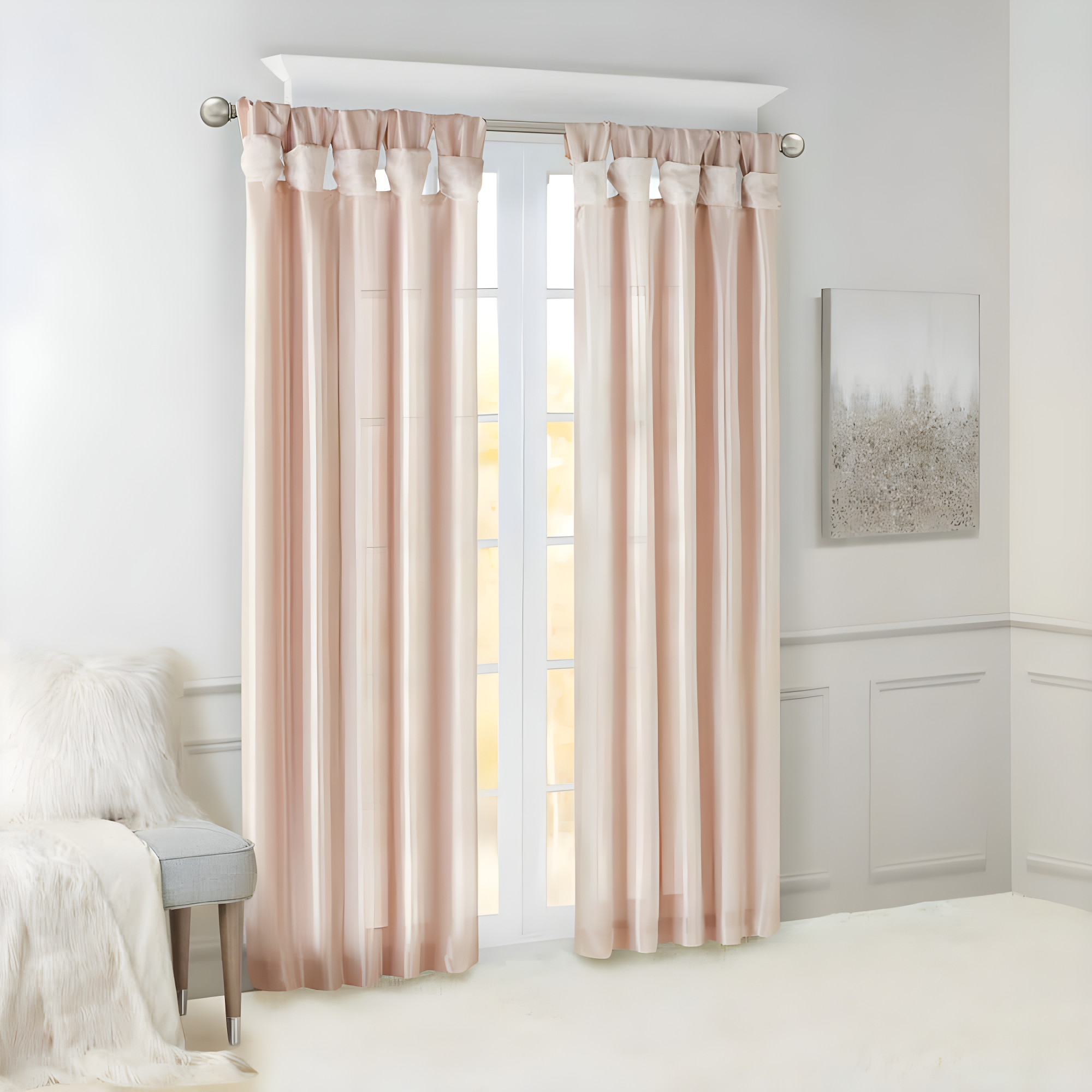 Madison Park Solid Pattern Faux Silk Twist Tab Top Curtain Panel, 50'' x 84'', Blush