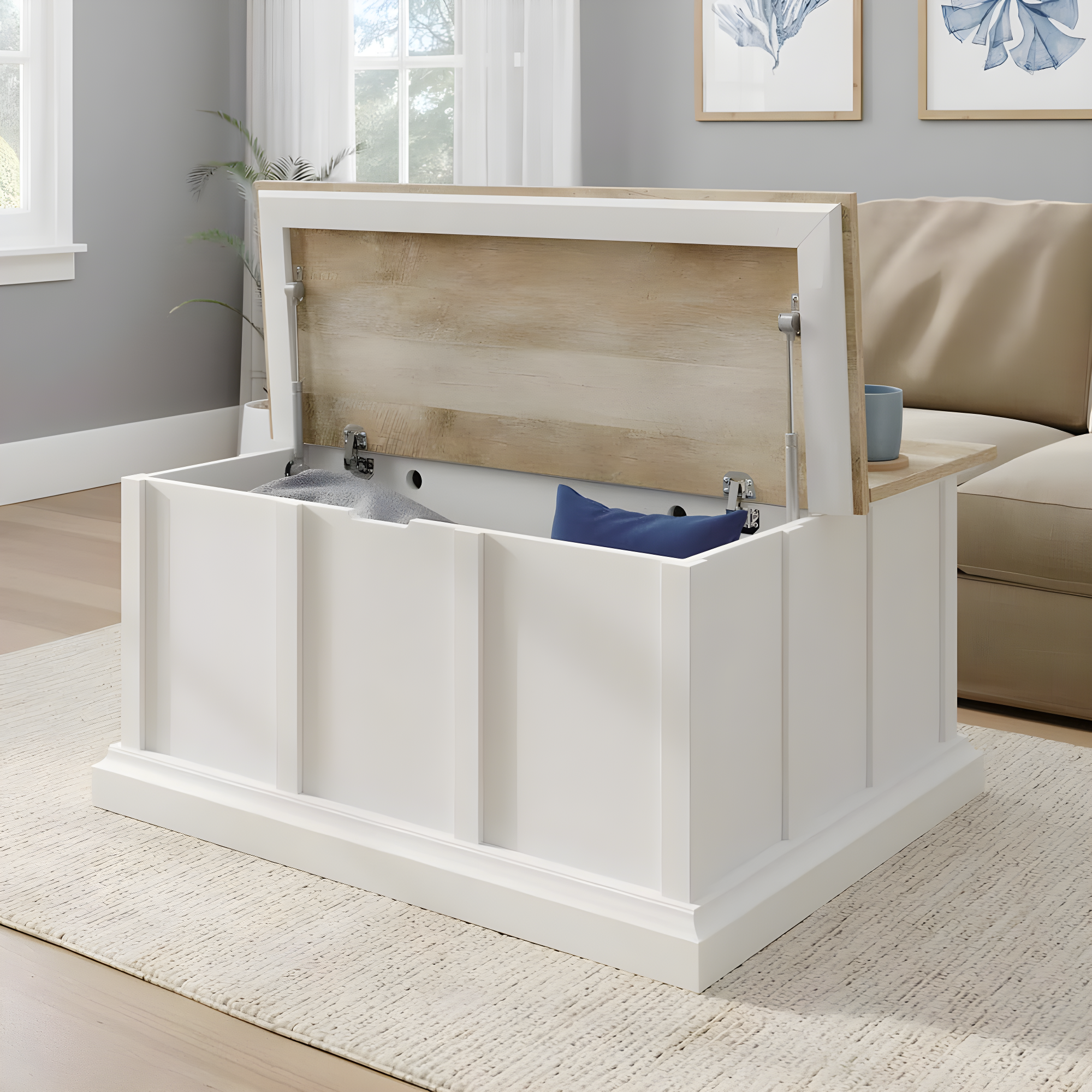 Cottage Road Storage Coffee Table White - Sauder: Split Top, Metal Frame, CARB Certified