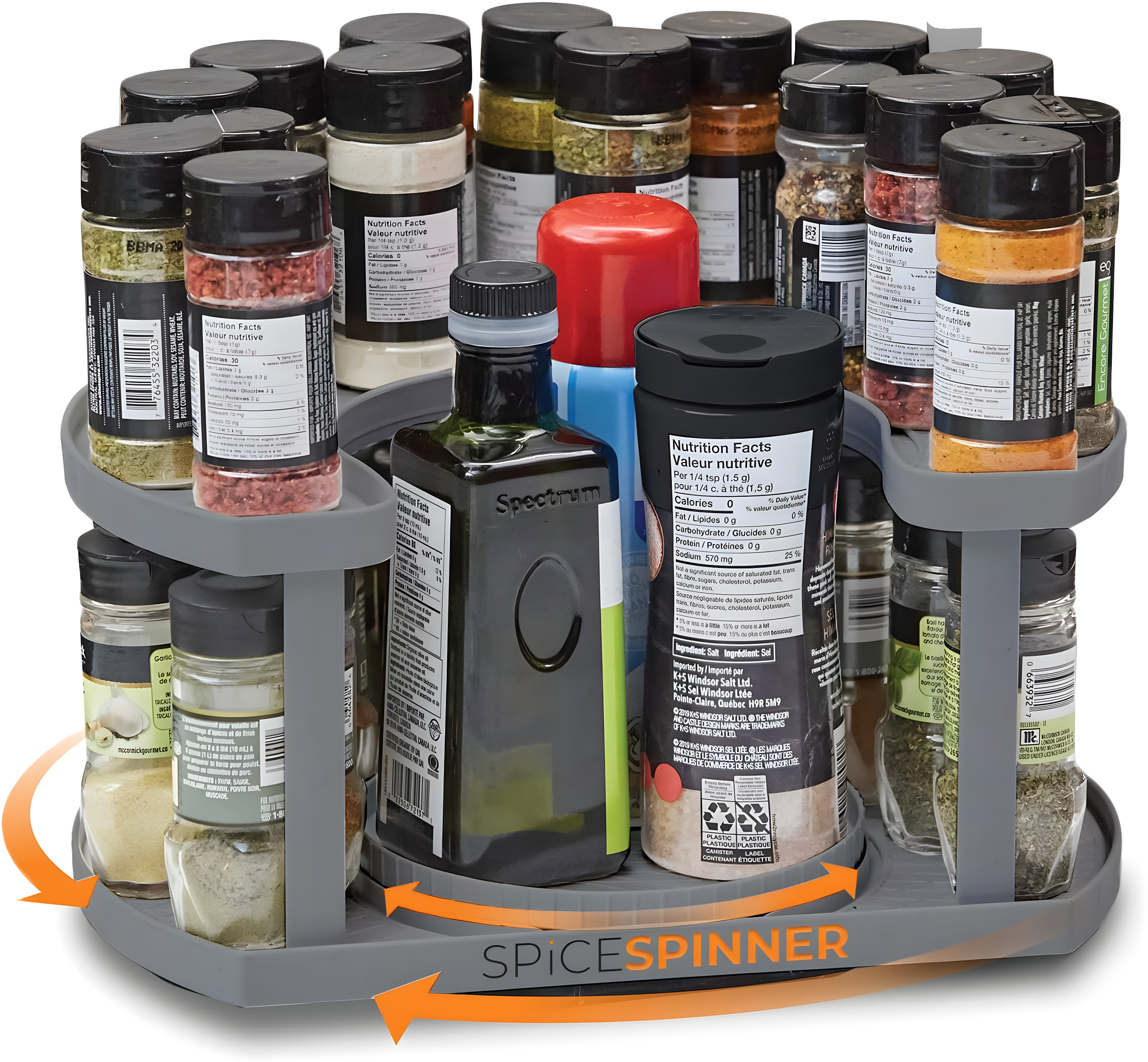 spice spinner two-tiered spice organizer & holder that saves space, keeps everything neat, organized & within reach with dual spin turntables- grey