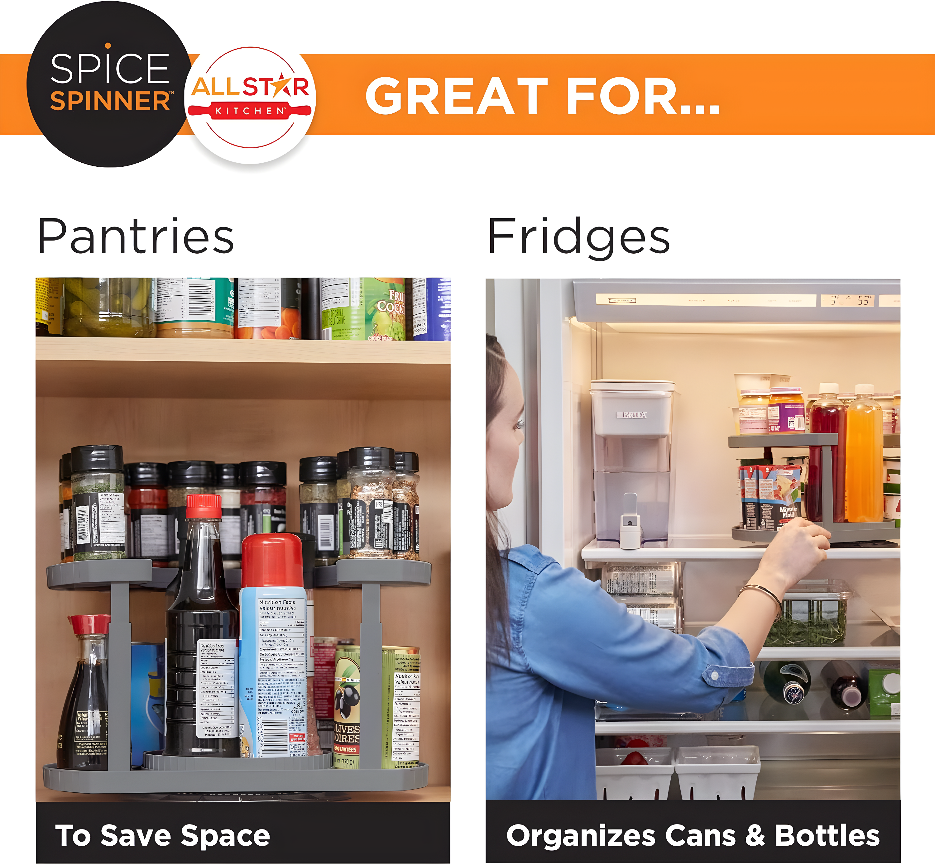 spice spinner two-tiered spice organizer & holder that saves space, keeps everything neat, organized & within reach with dual spin turntables- grey