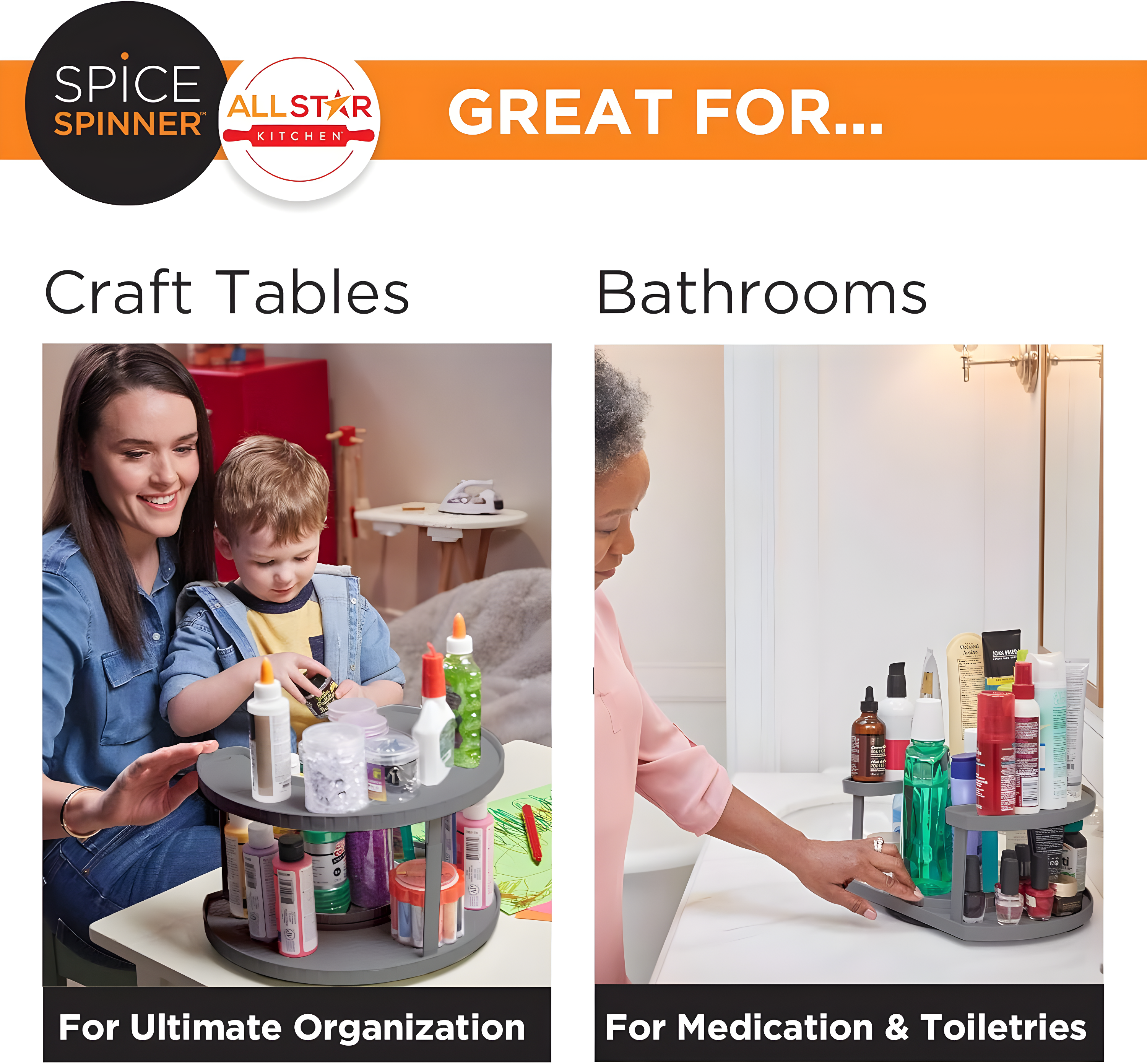 spice spinner two-tiered spice organizer & holder that saves space, keeps everything neat, organized & within reach with dual spin turntables- grey