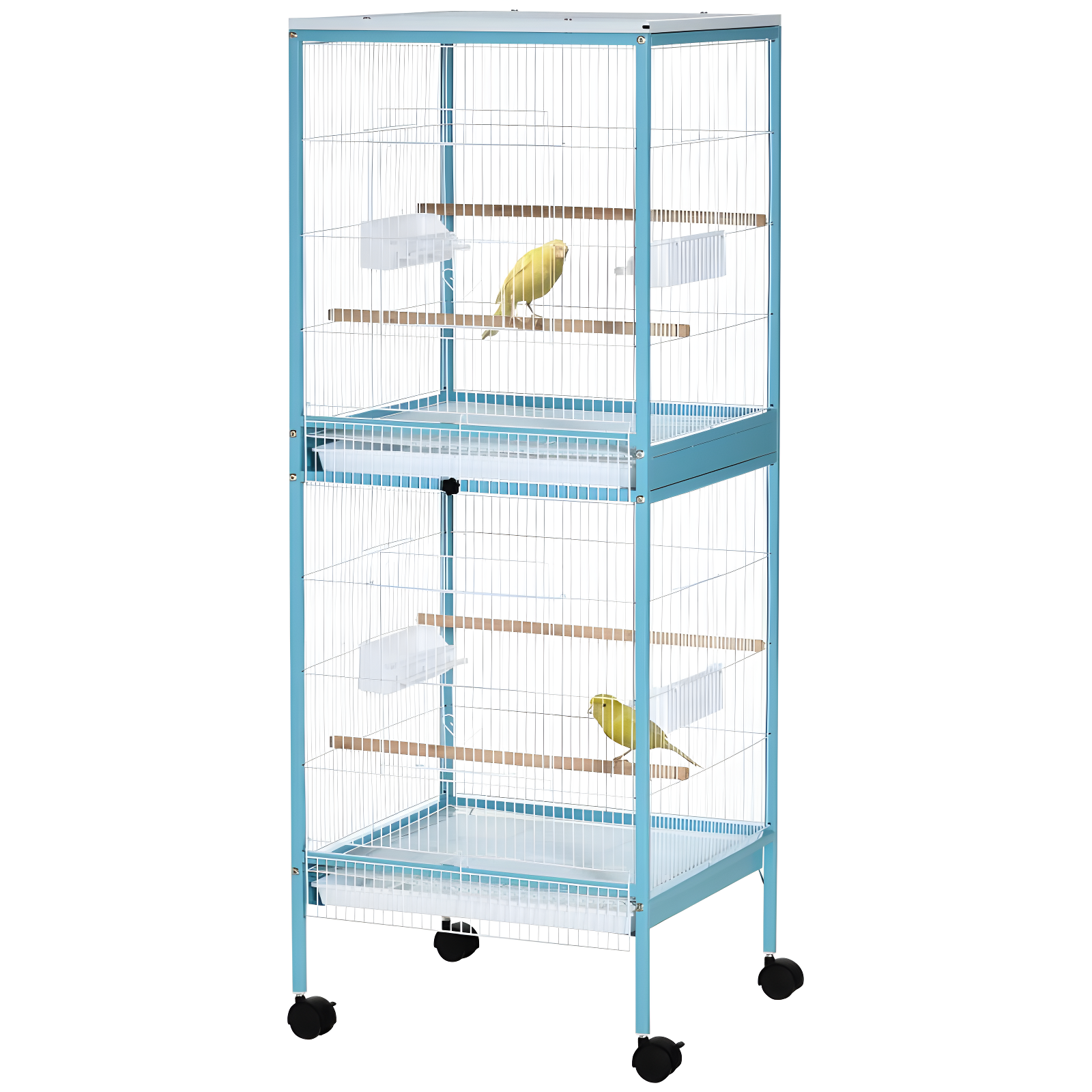 PawHut 55" 2 In 1 Bird Cage Aviary Parakeet House for finches, budgies with Wheels, Slide-out Trays, Wood Perch, Food Containers, Light Blue