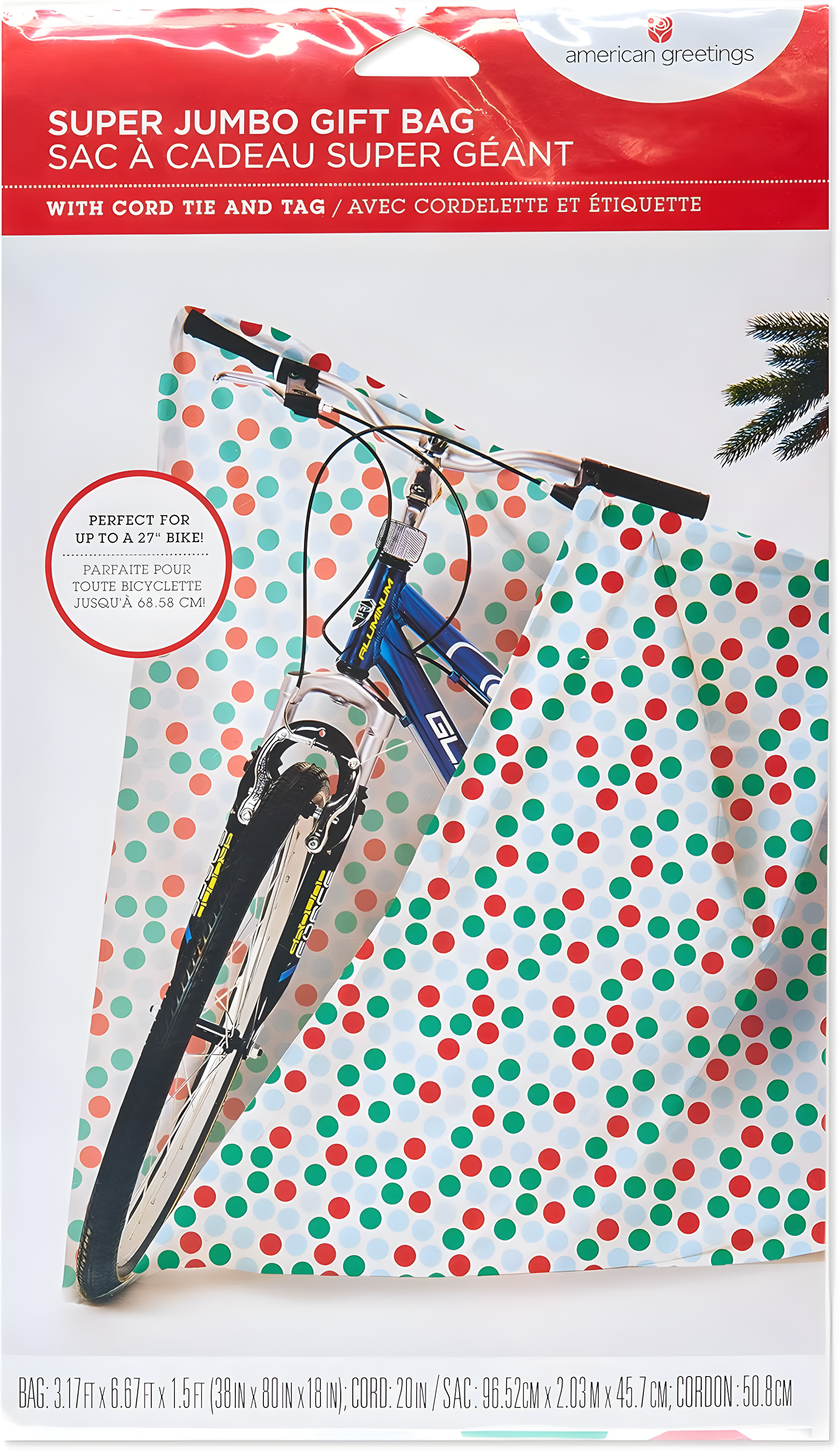 American Greetings Jumbo Plastic Gift Bag for Christmas All Holidays, Red and Green Dots (1 Bag, 6.67 ft. x 3.17 ft.)