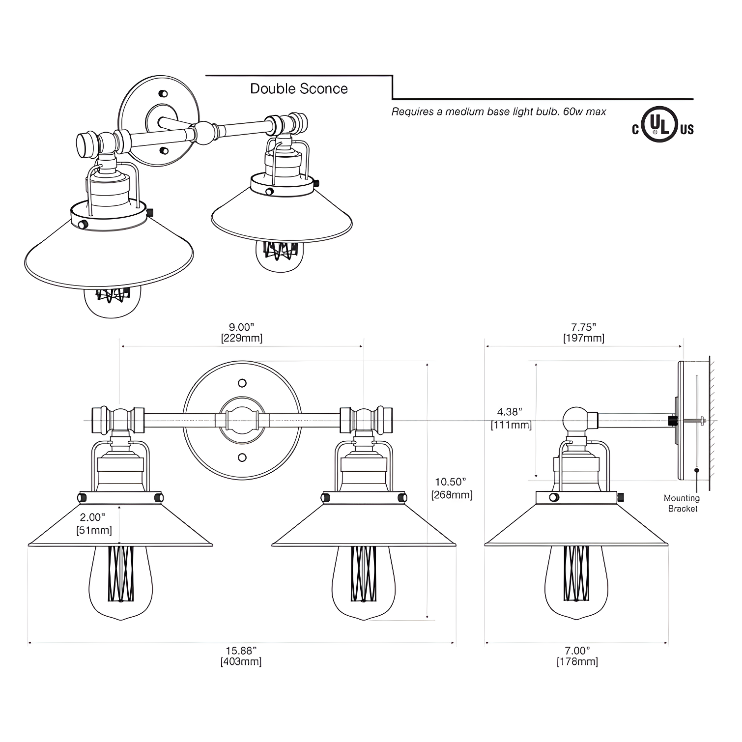 Gatco Farmhouse Wall Mount 2-Light Fixture | Double Wall Metal Sconce