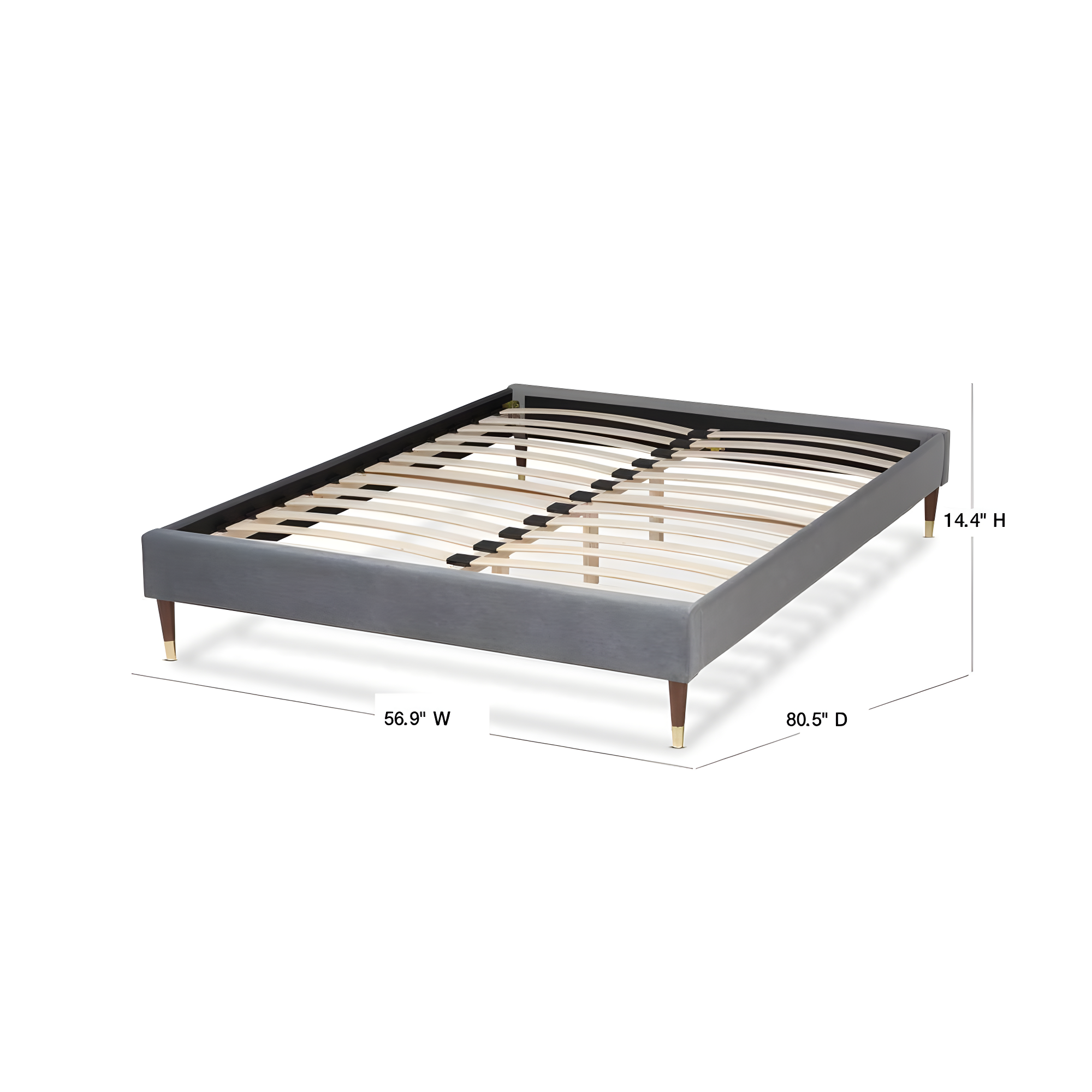 Baxton Studio Volden Glam and Luxe Charcoal Velvet Fabric Upholstered Full Size Wood Platform Bed Frame with Gold-Tone Leg Tips