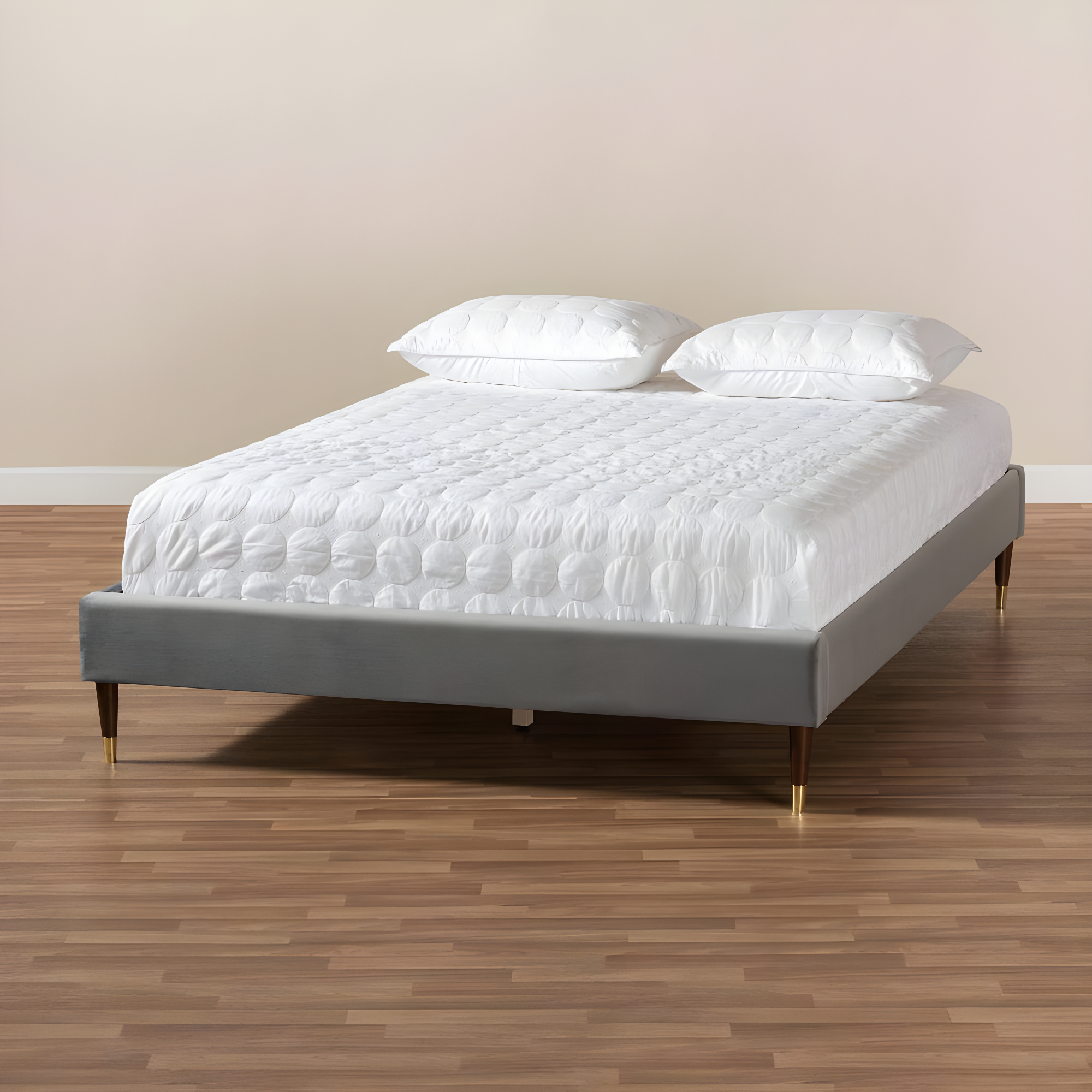 Baxton Studio Volden Glam and Luxe Charcoal Velvet Fabric Upholstered Full Size Wood Platform Bed Frame with Gold-Tone Leg Tips