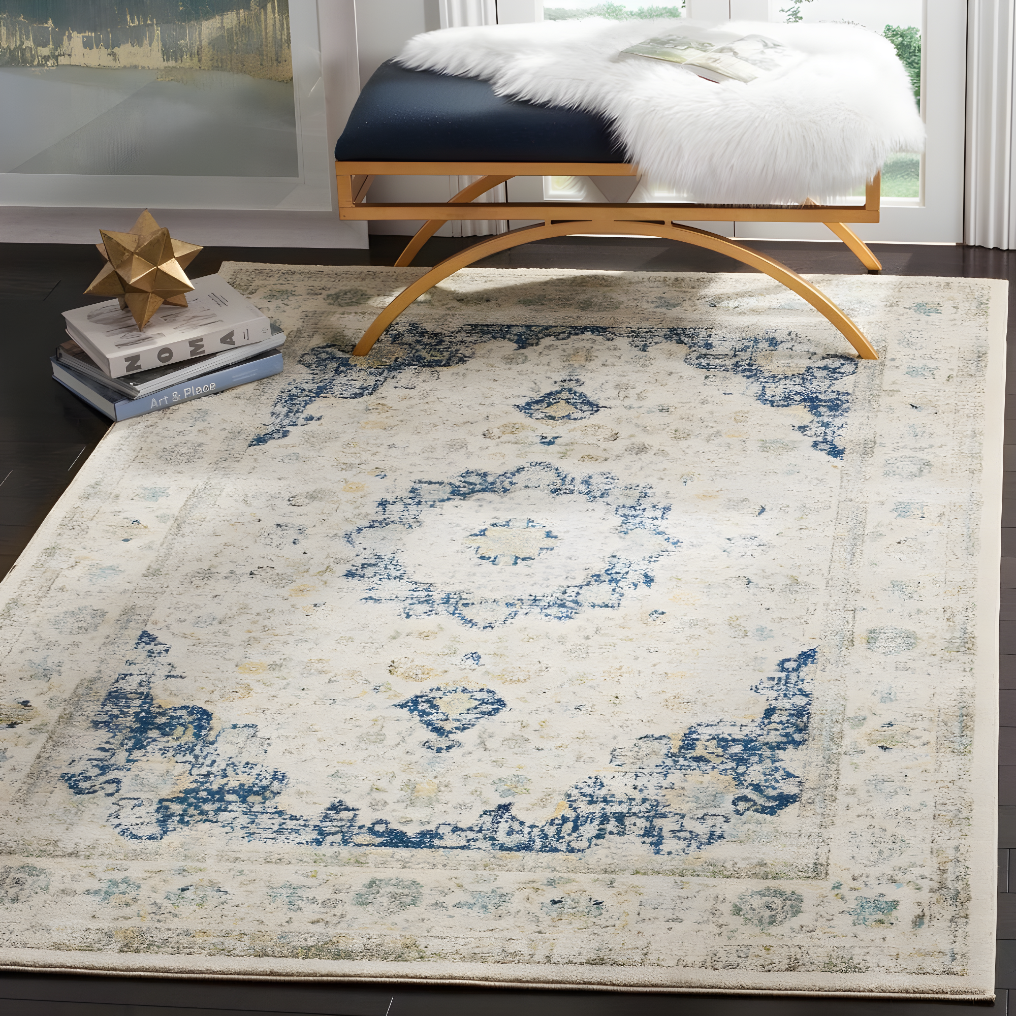 Evoke EVK220 Power Loomed Area Rug - Ivory/Blue - 5'3"x5'3" - Safavieh.