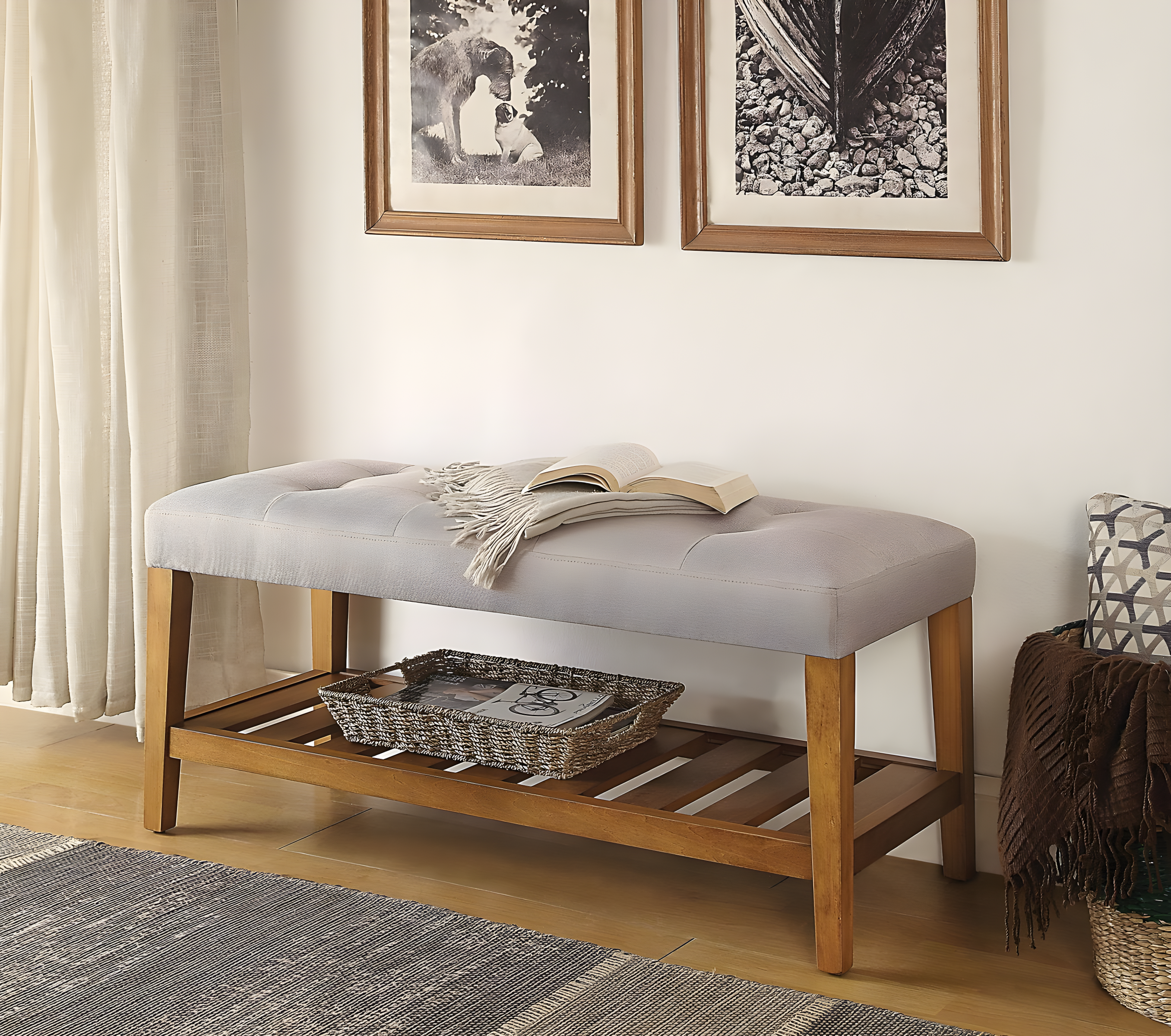 ACME 96680 Charla Wooden Frame Slatted Lower Shelf Bench, Light Gray and Oak