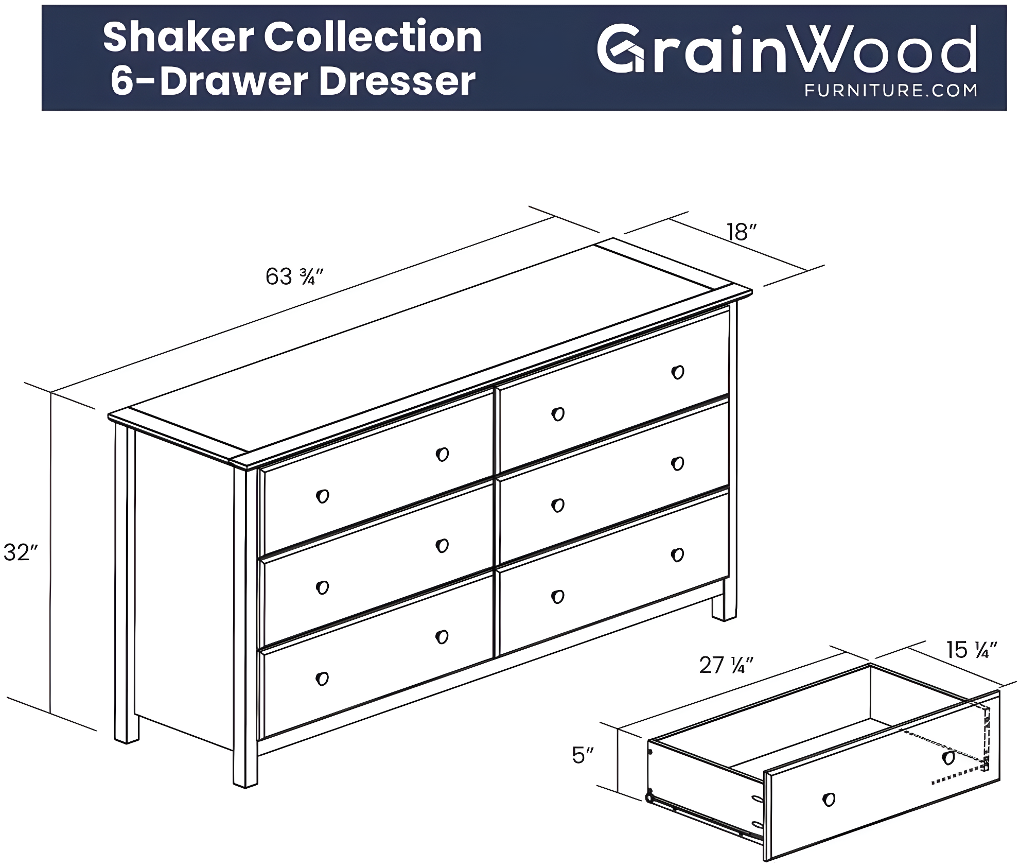 Shaker Solid Wood 63.75'' W 6 - Drawer Dresser