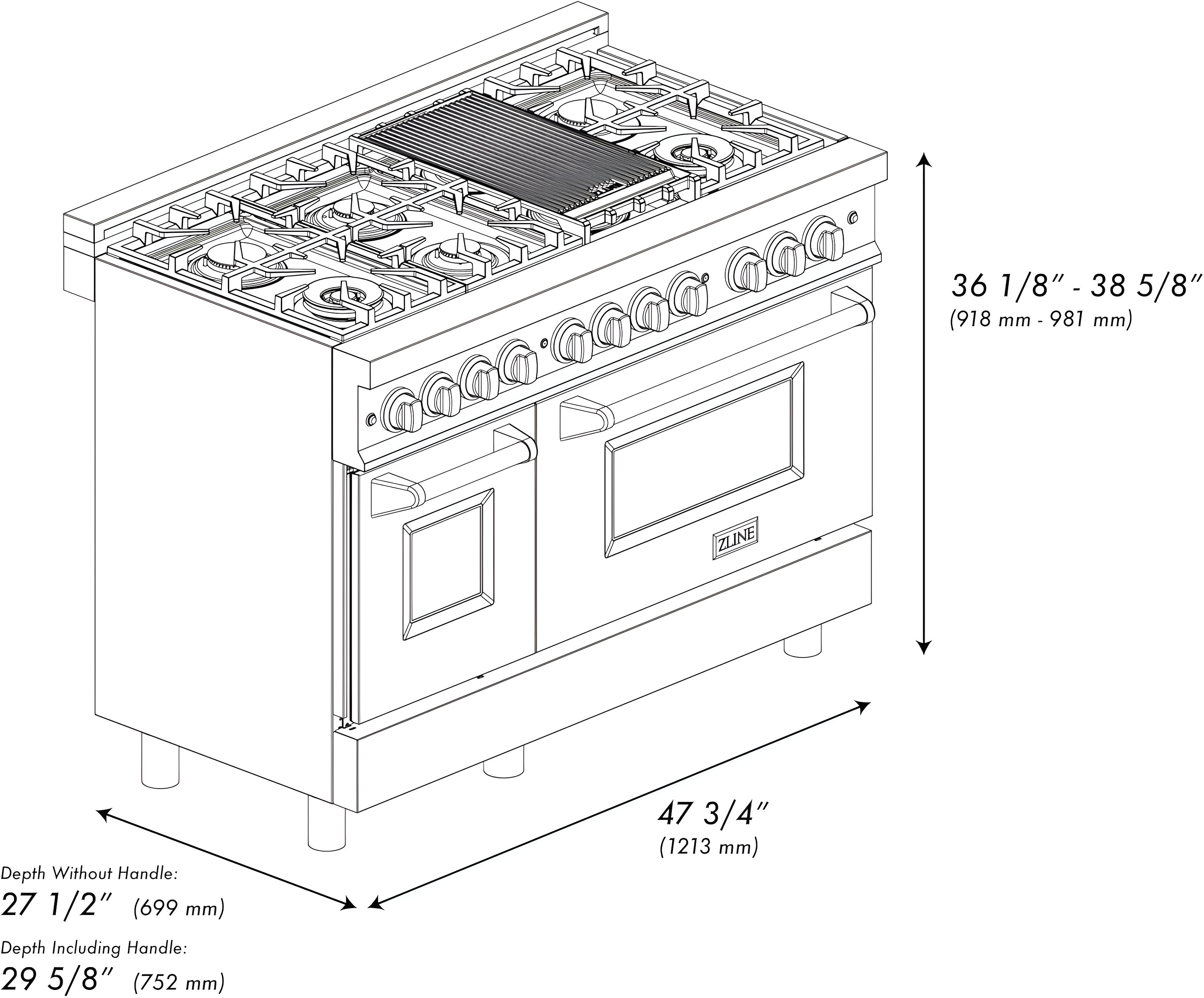 ZLINE 48 in. Legacy Dual Fuel Range w/ 7 Burner Cooktop & 2 Ovens w/ Doors