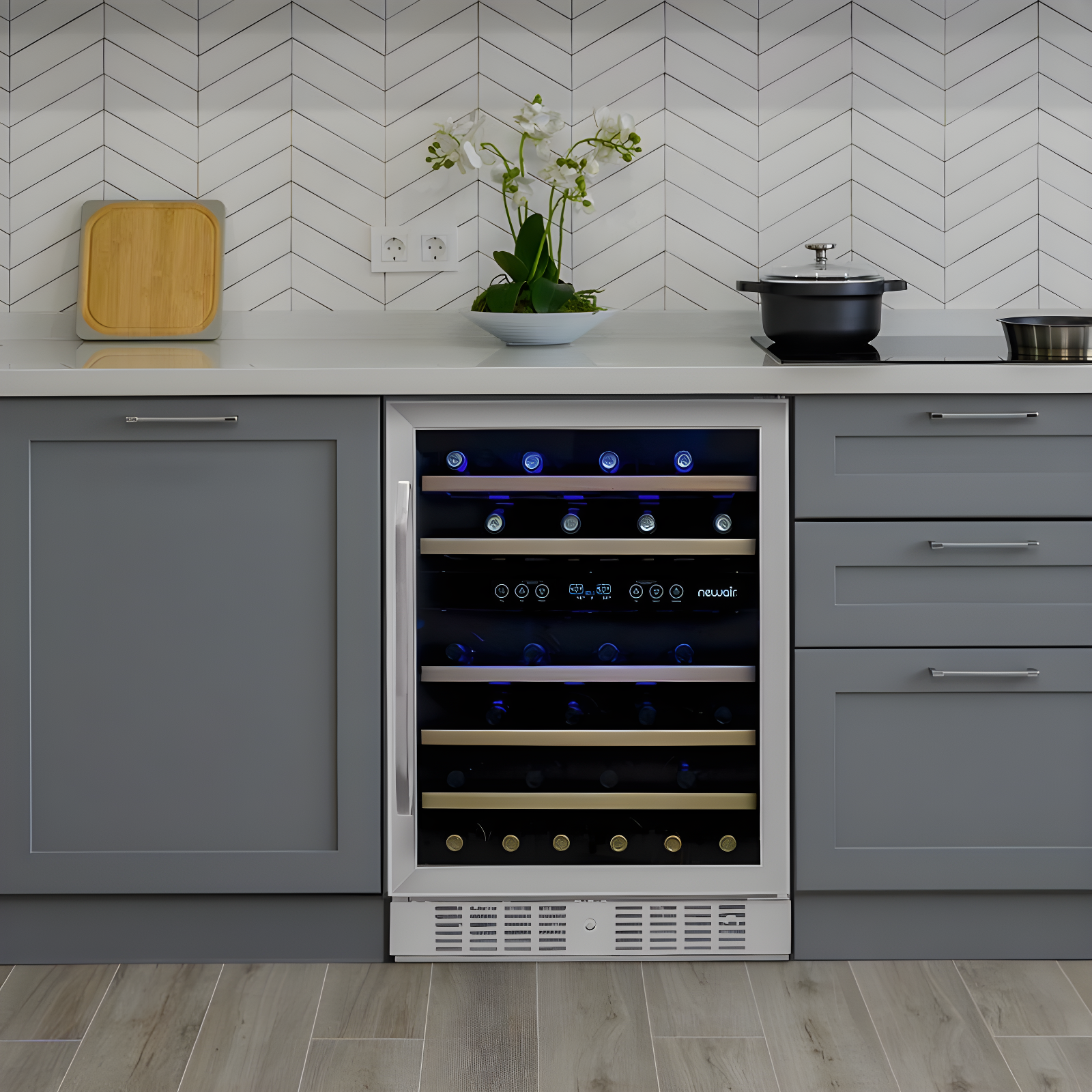 Newair 24” Built-in 46 Bottle Dual Zone Wine Cooler with Removable Beechwood Shelves in Black Stainless Steel