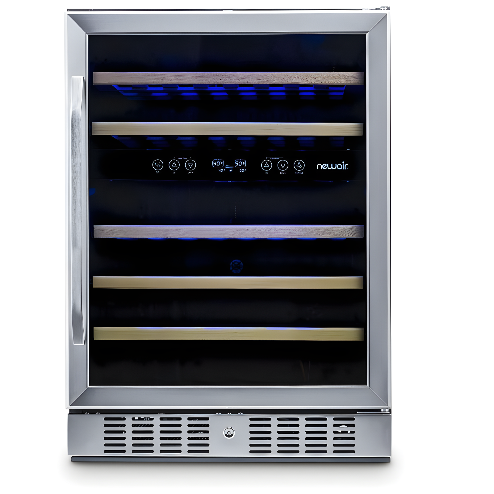 Newair 24” Built-in 46 Bottle Dual Zone Wine Cooler with Removable Beechwood Shelves in Black Stainless Steel