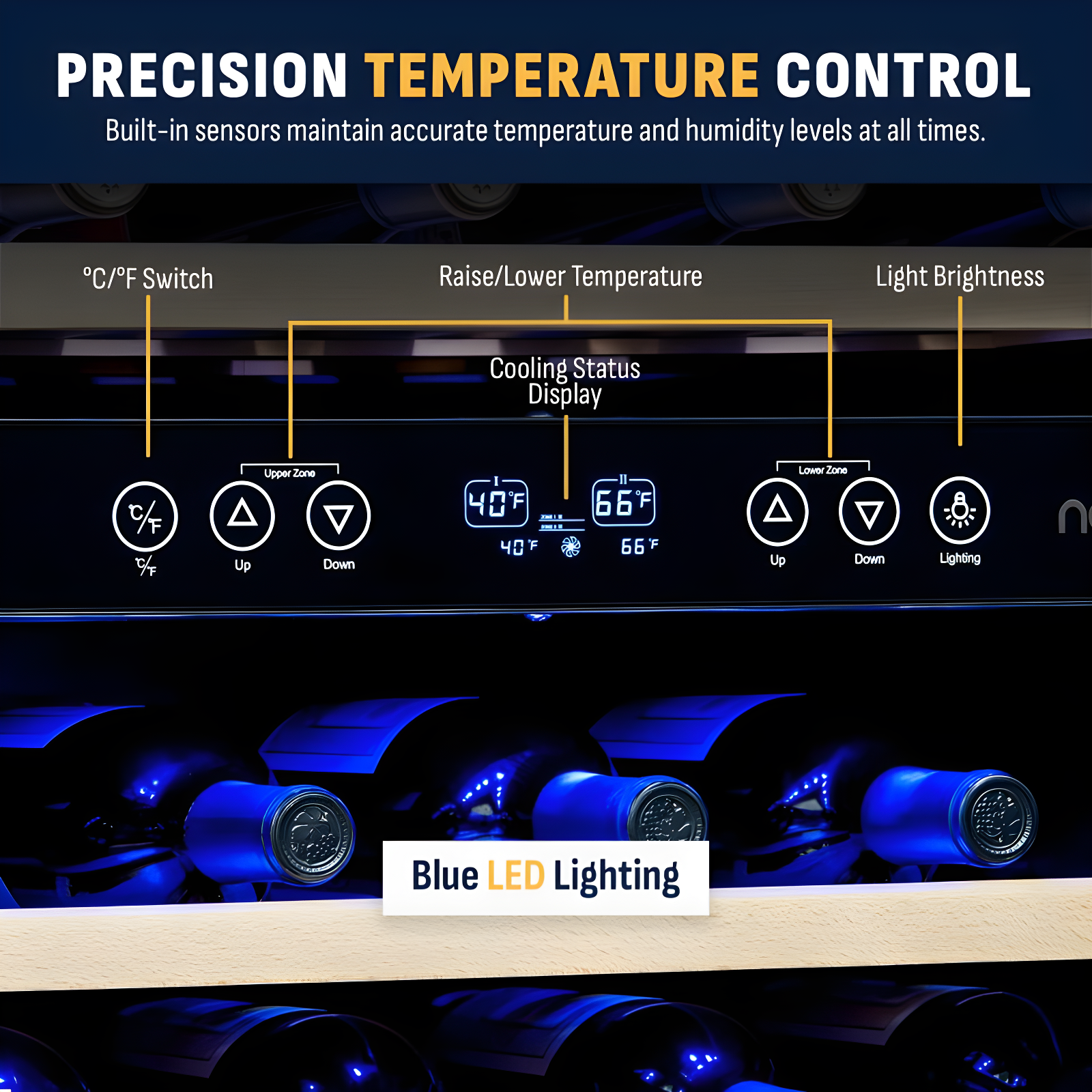 Newair 24” Built-in 46 Bottle Dual Zone Wine Cooler with Removable Beechwood Shelves in Black Stainless Steel