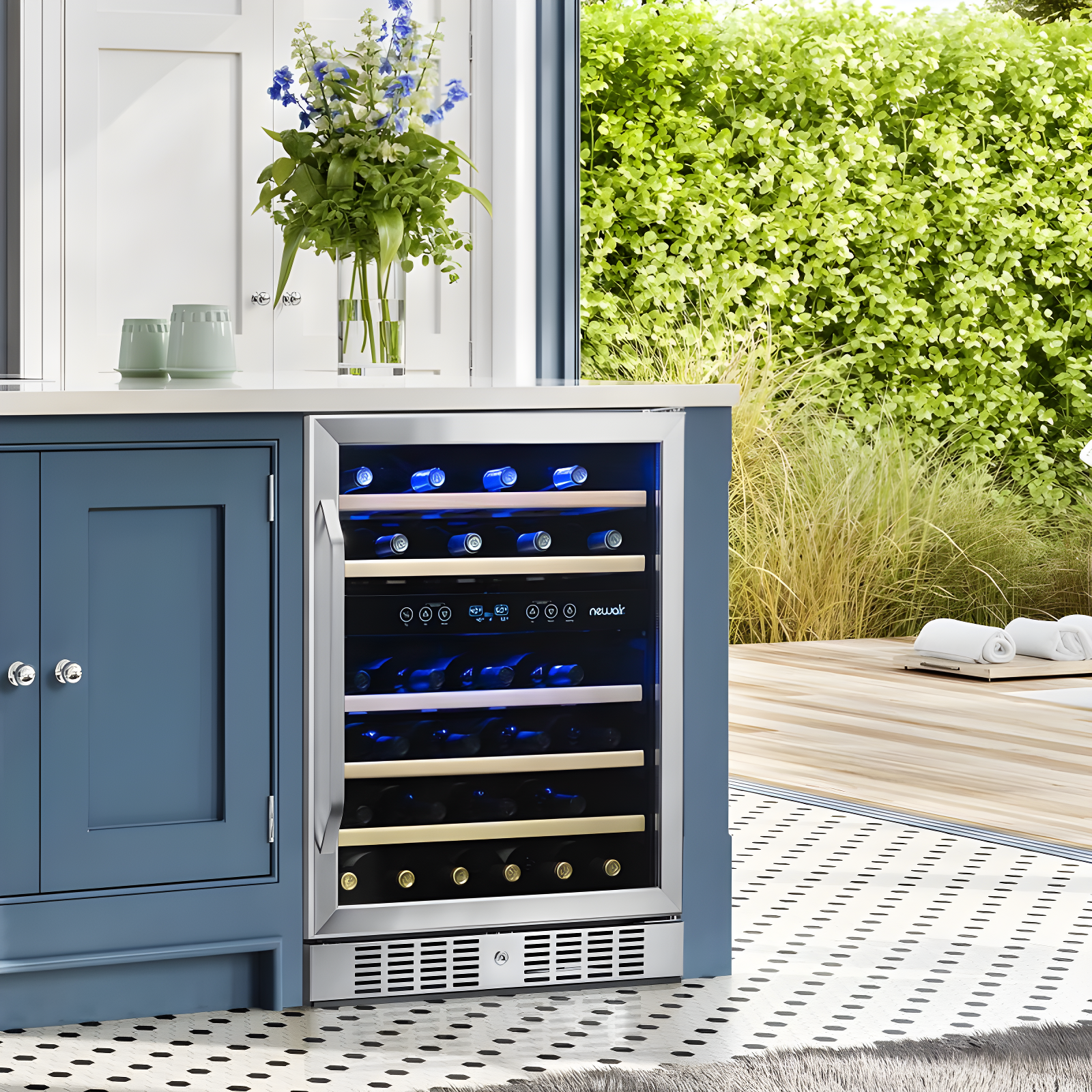 Newair 24” Built-in 46 Bottle Dual Zone Wine Cooler with Removable Beechwood Shelves in Black Stainless Steel