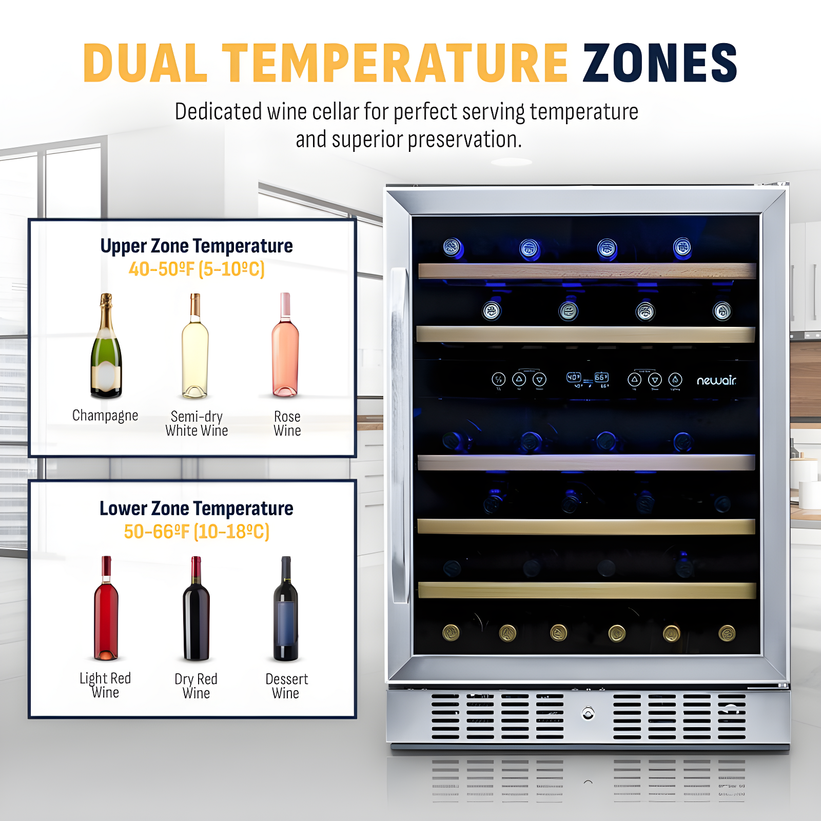 Newair 24” Built-in 46 Bottle Dual Zone Wine Cooler with Removable Beechwood Shelves in Black Stainless Steel