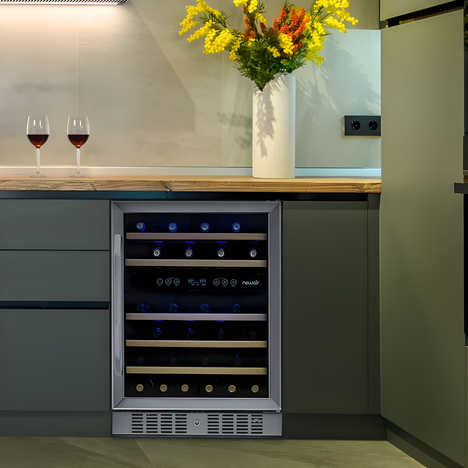 Newair 24” Built-in 46 Bottle Dual Zone Wine Cooler with Removable Beechwood Shelves in Black Stainless Steel