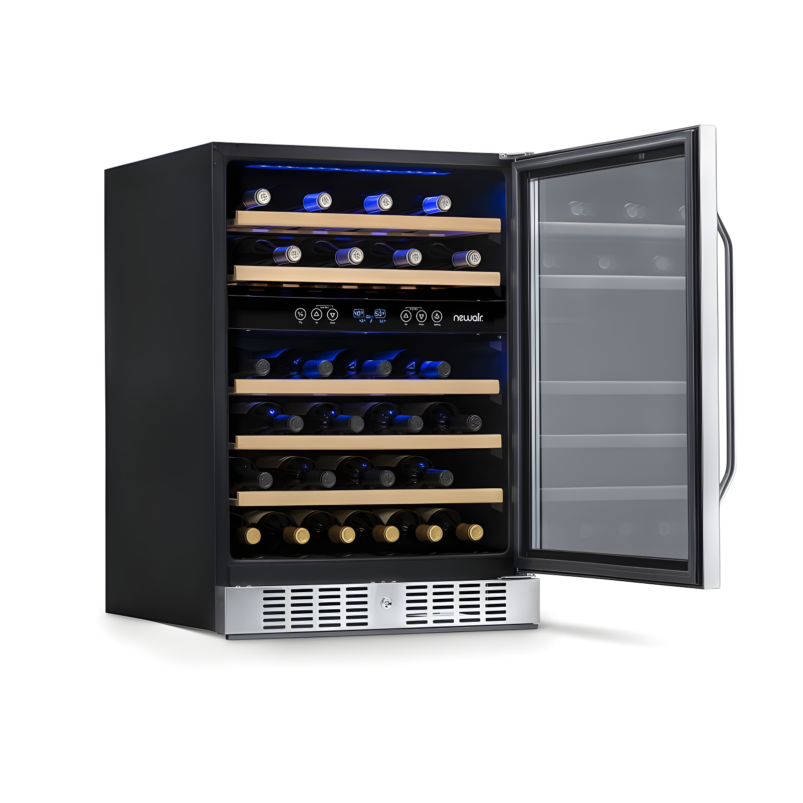 Newair 24” Built-in 46 Bottle Dual Zone Wine Cooler with Removable Beechwood Shelves in Black Stainless Steel