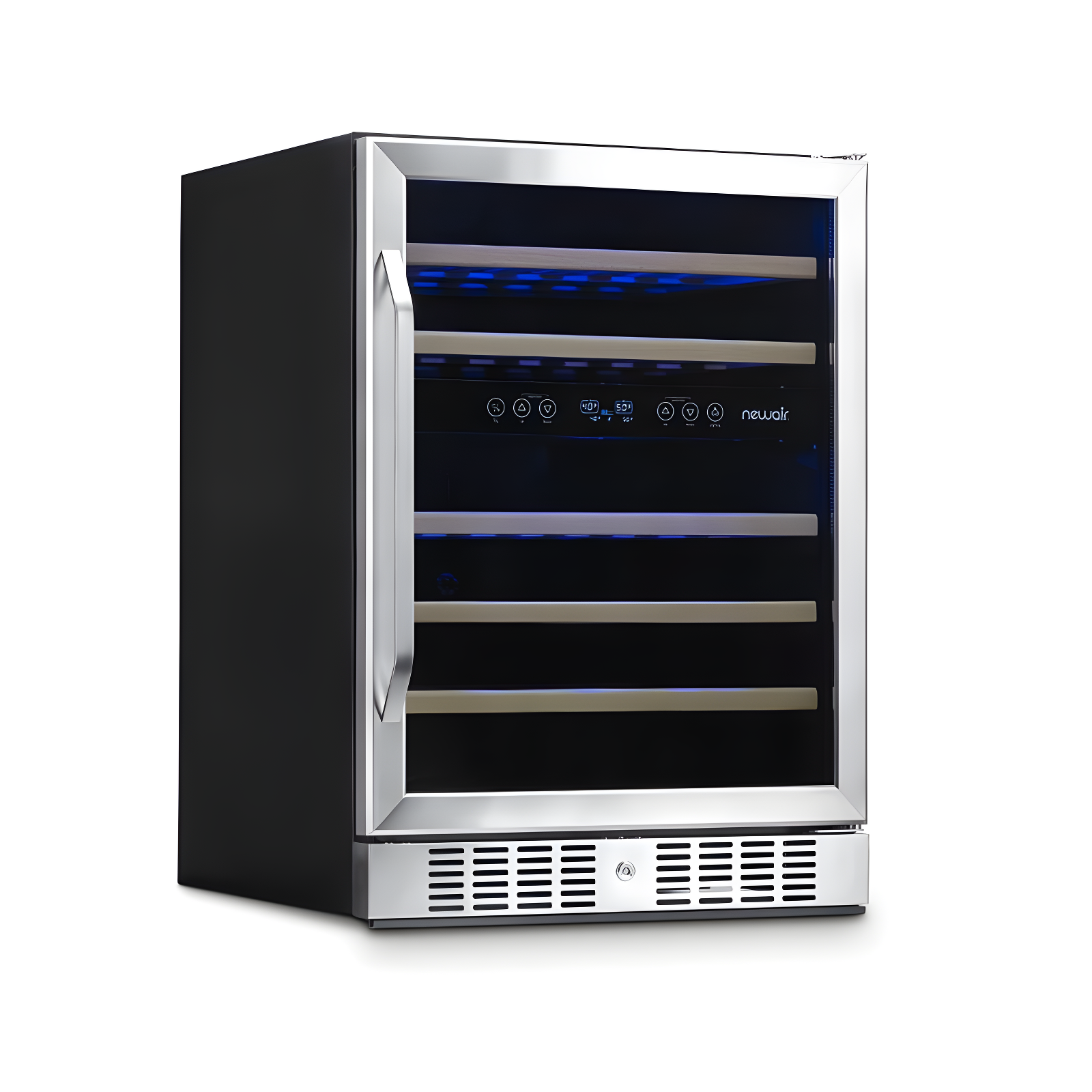 Newair 24” Built-in 46 Bottle Dual Zone Wine Cooler with Removable Beechwood Shelves in Black Stainless Steel