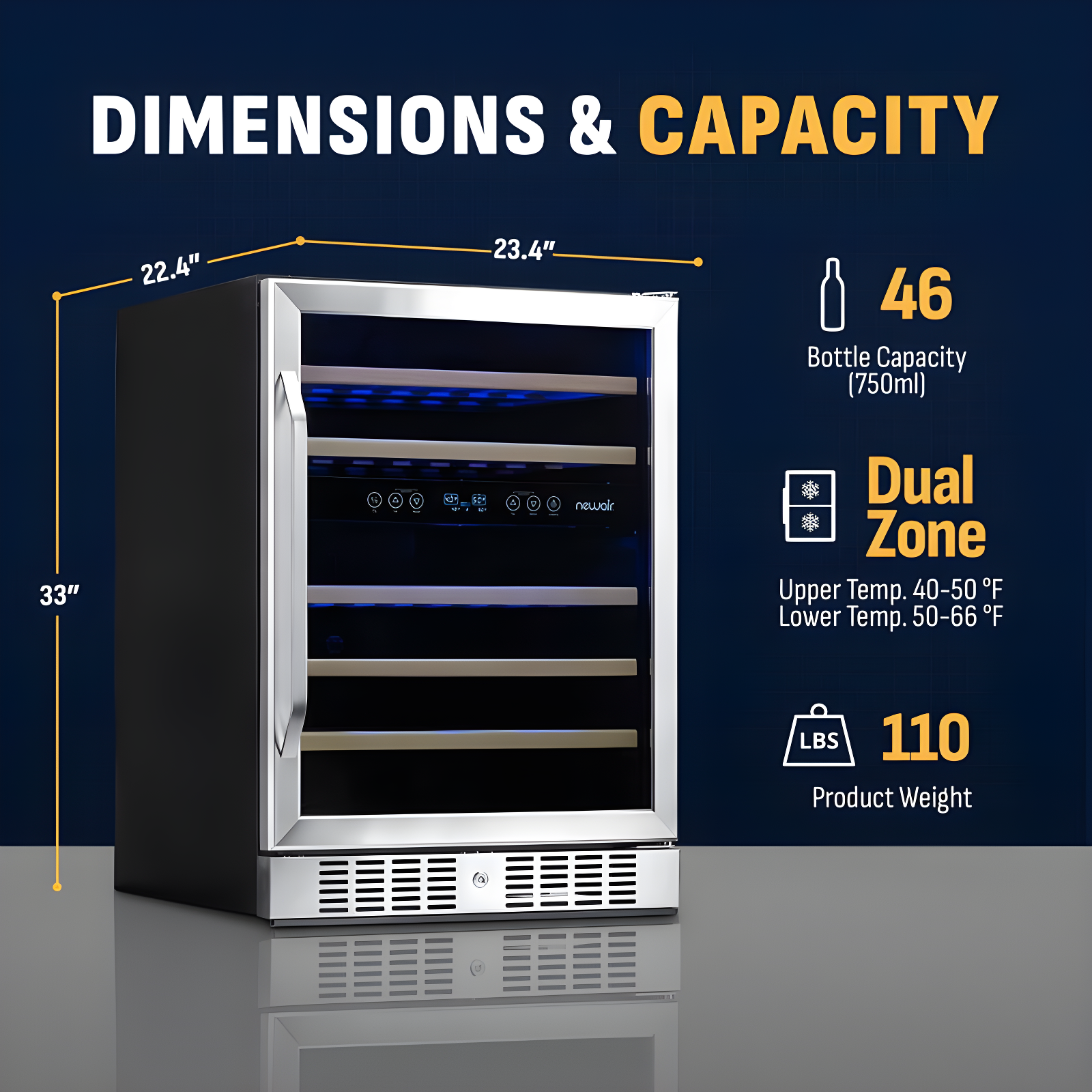 Newair 24” Built-in 46 Bottle Dual Zone Wine Cooler with Removable Beechwood Shelves in Black Stainless Steel