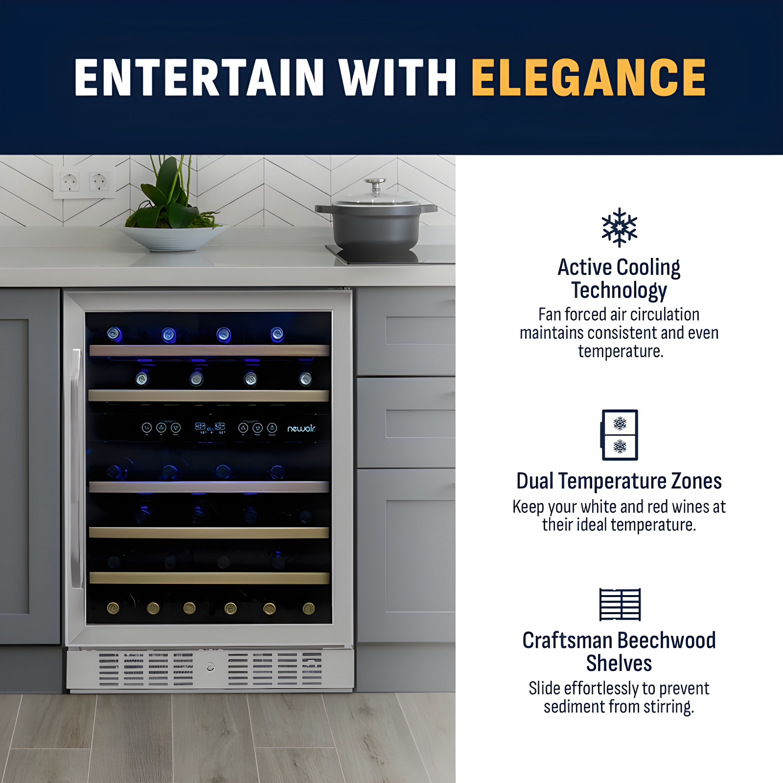 Newair 24” Built-in 46 Bottle Dual Zone Wine Cooler with Removable Beechwood Shelves in Black Stainless Steel