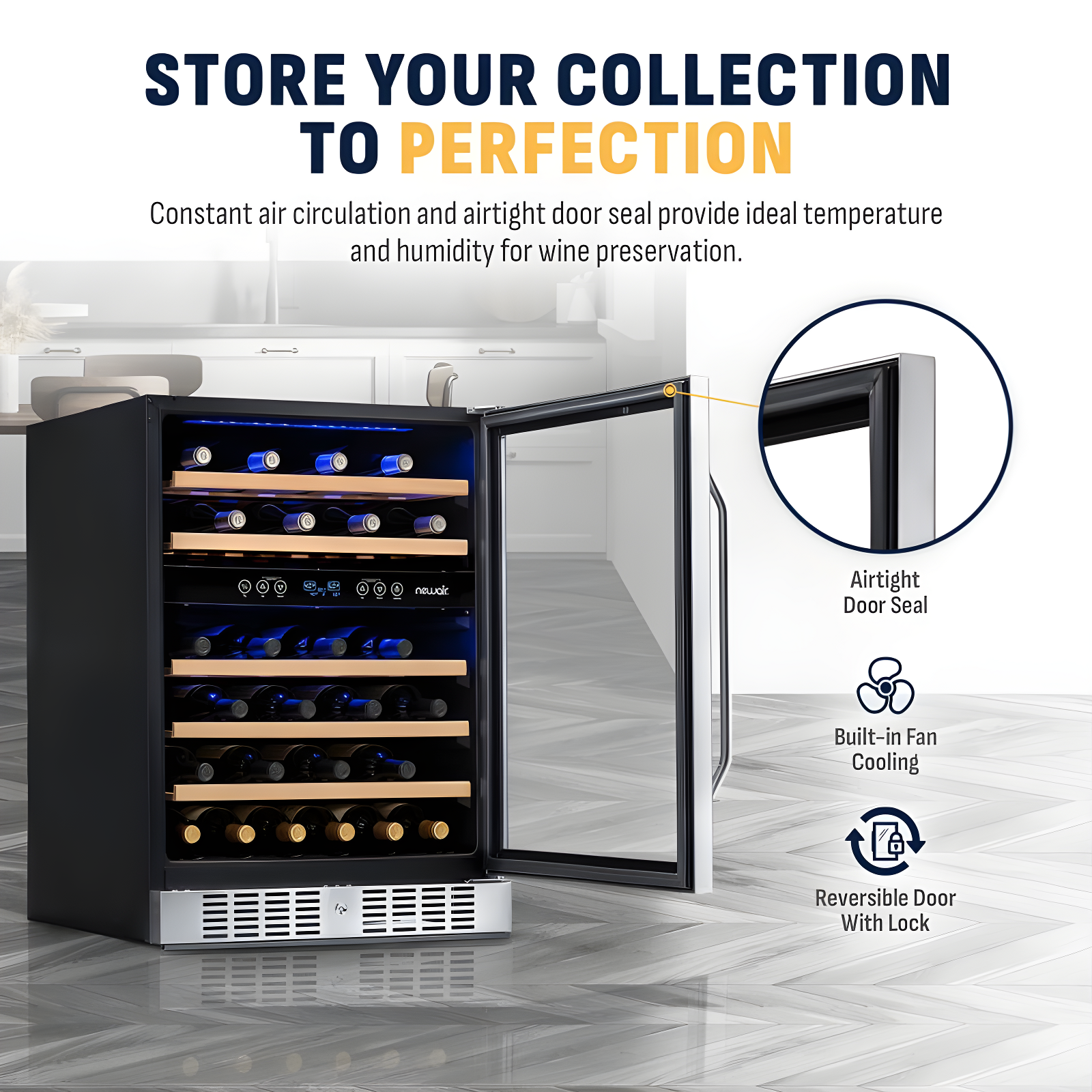 Newair 24” Built-in 46 Bottle Dual Zone Wine Cooler with Removable Beechwood Shelves in Black Stainless Steel