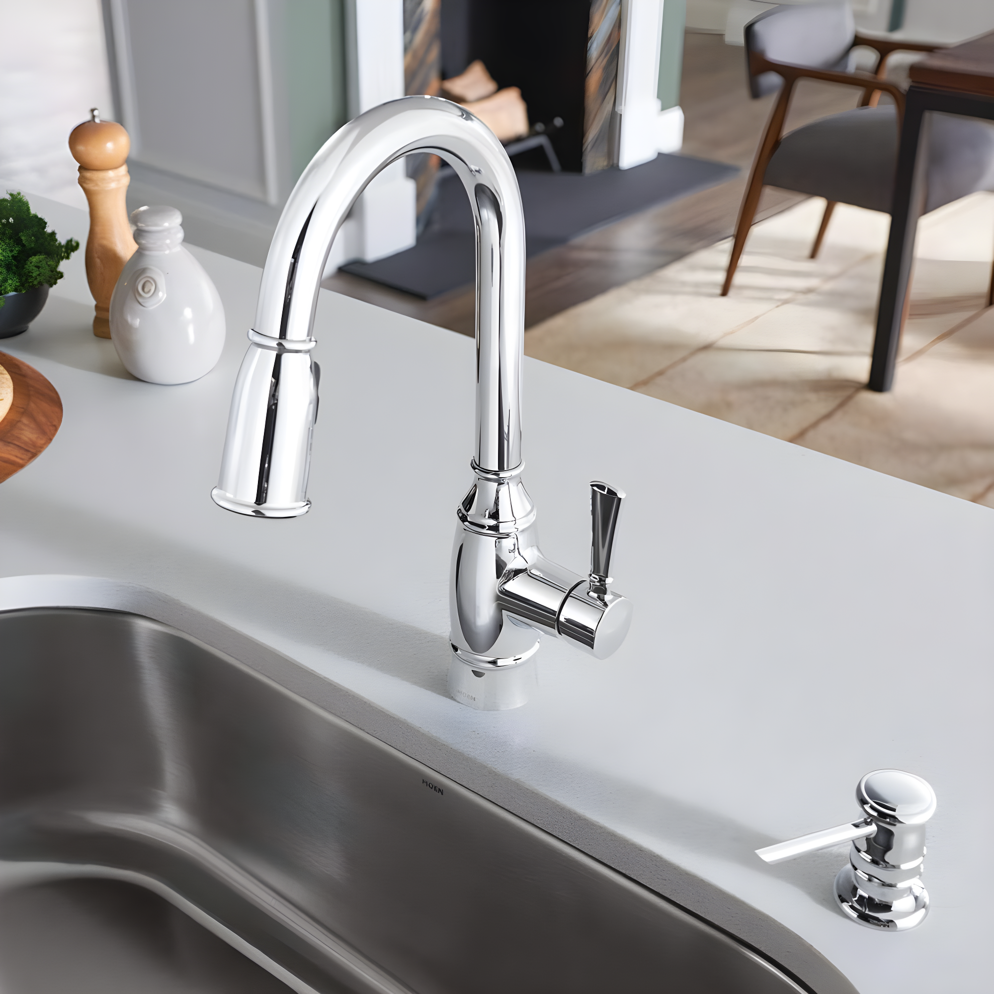 MOEN Noell Single-Handle Pull-Down Sprayer Kitchen Faucet with Reflex and Soap Dispenser in Chrome