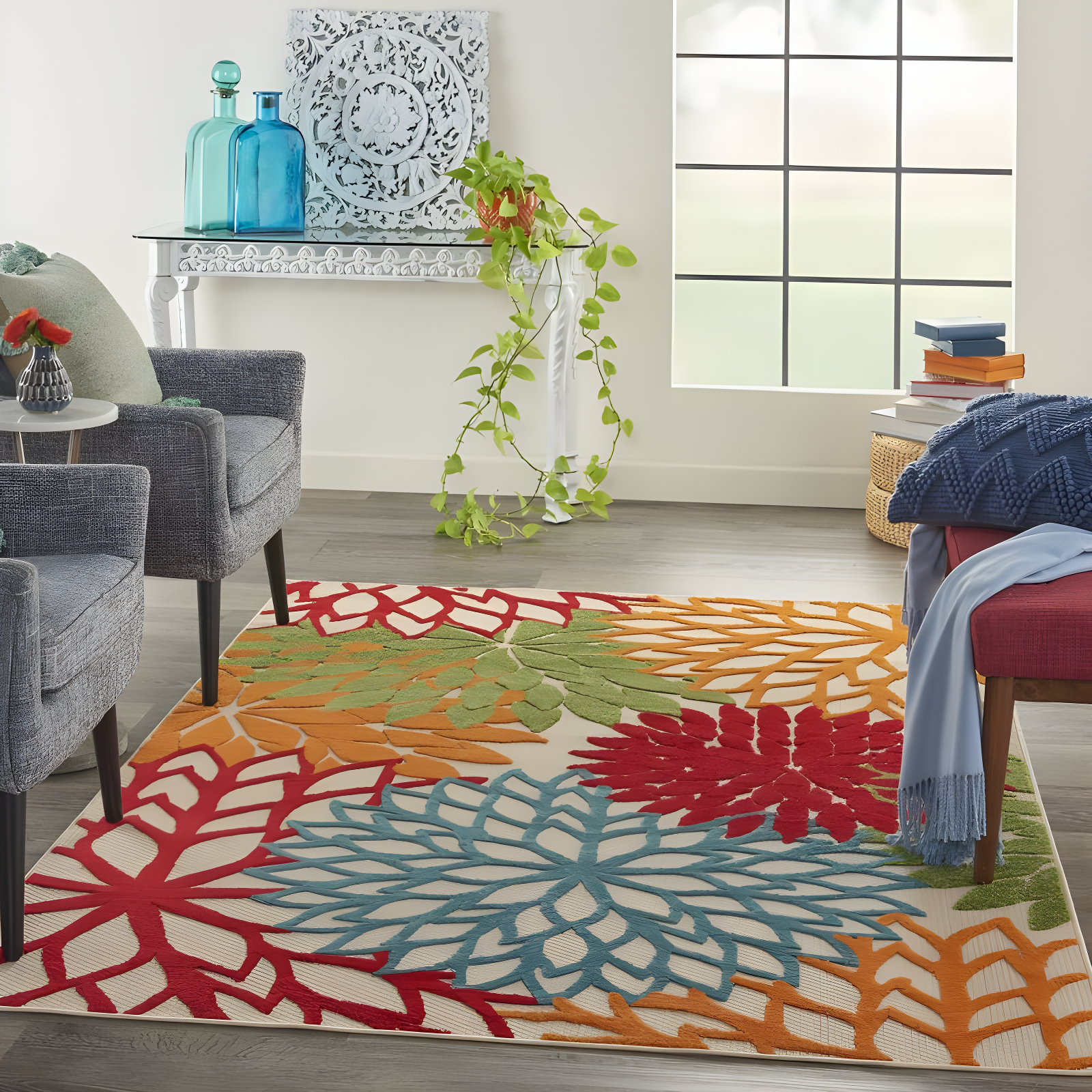 Nourison Aloha Floral Bloom Flatweave High-Low Indoor Outdoor Area Rug Green 3'6" x 5'6"