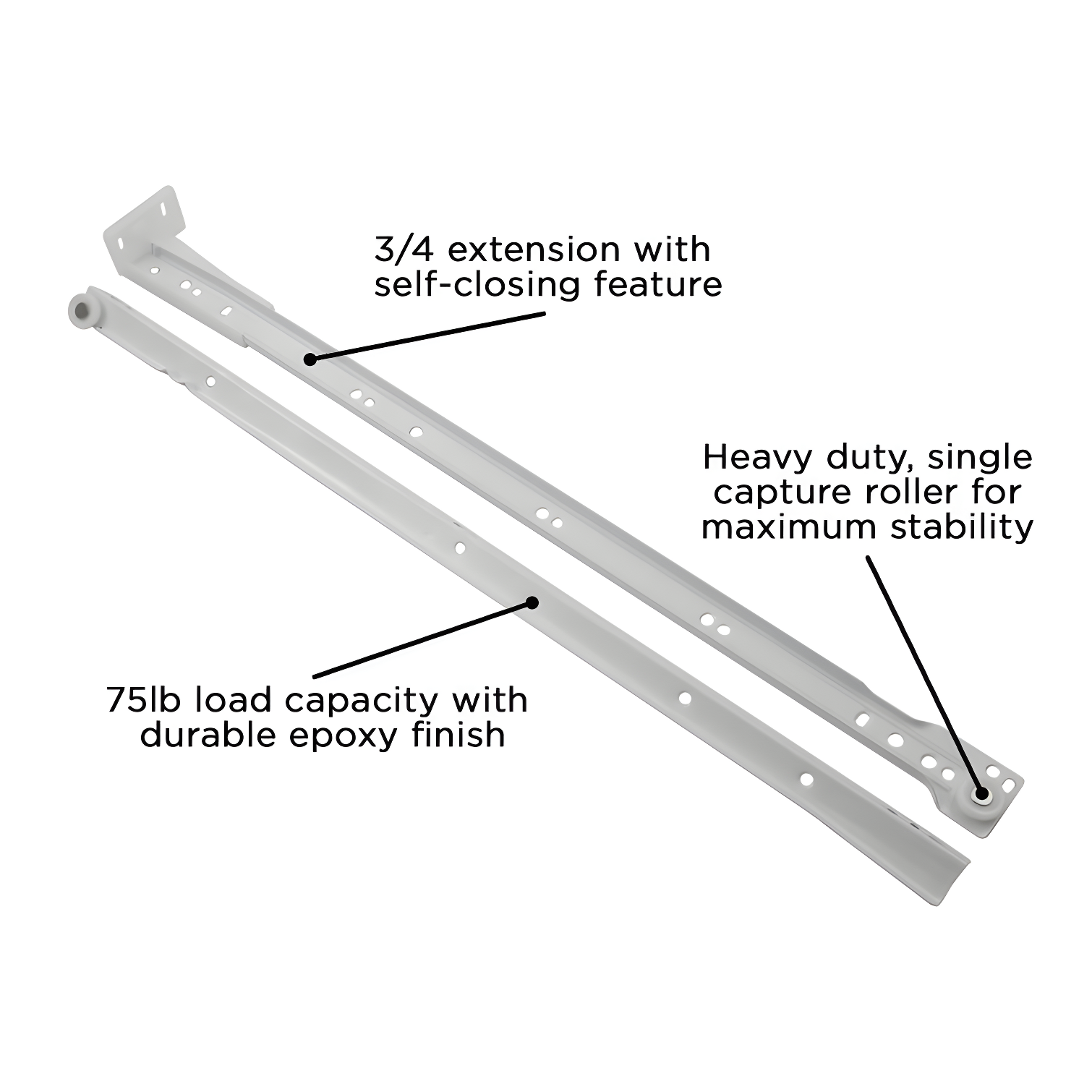 Drawer Slide Bottom Mount 3/4 Extension White Finish