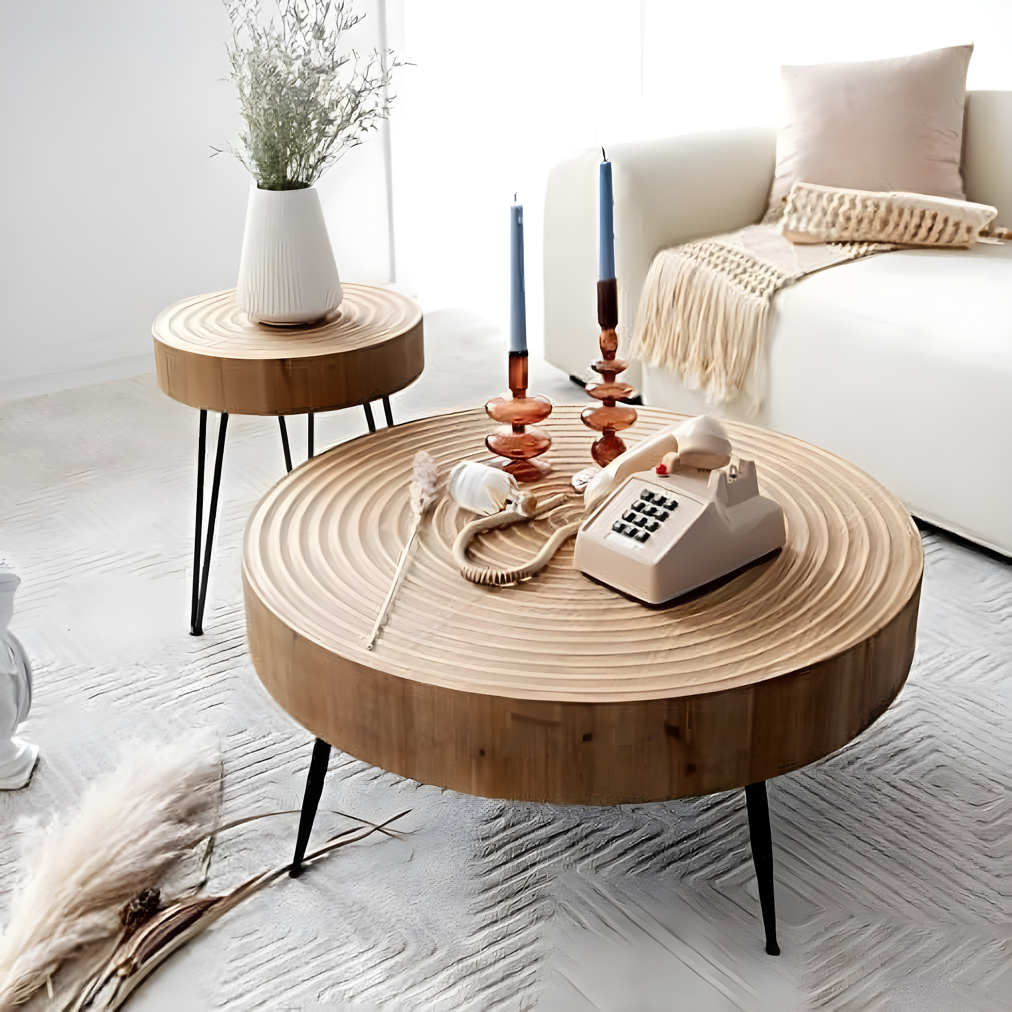 COZAYH 2-Piece Modern Farmhouse Living Room Coffee Table Set, Nesting Table Round Natural Finish with Handcrafted Wood, Radial Pattern