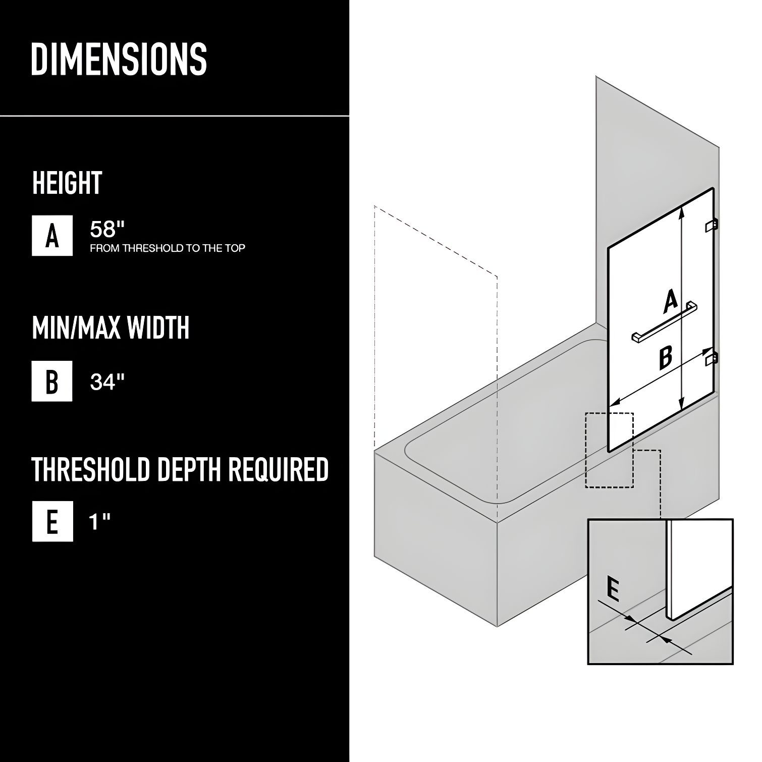 Rialto 34" W x 58" H Hinged Frameless Tub Door with with 5/16" Glass