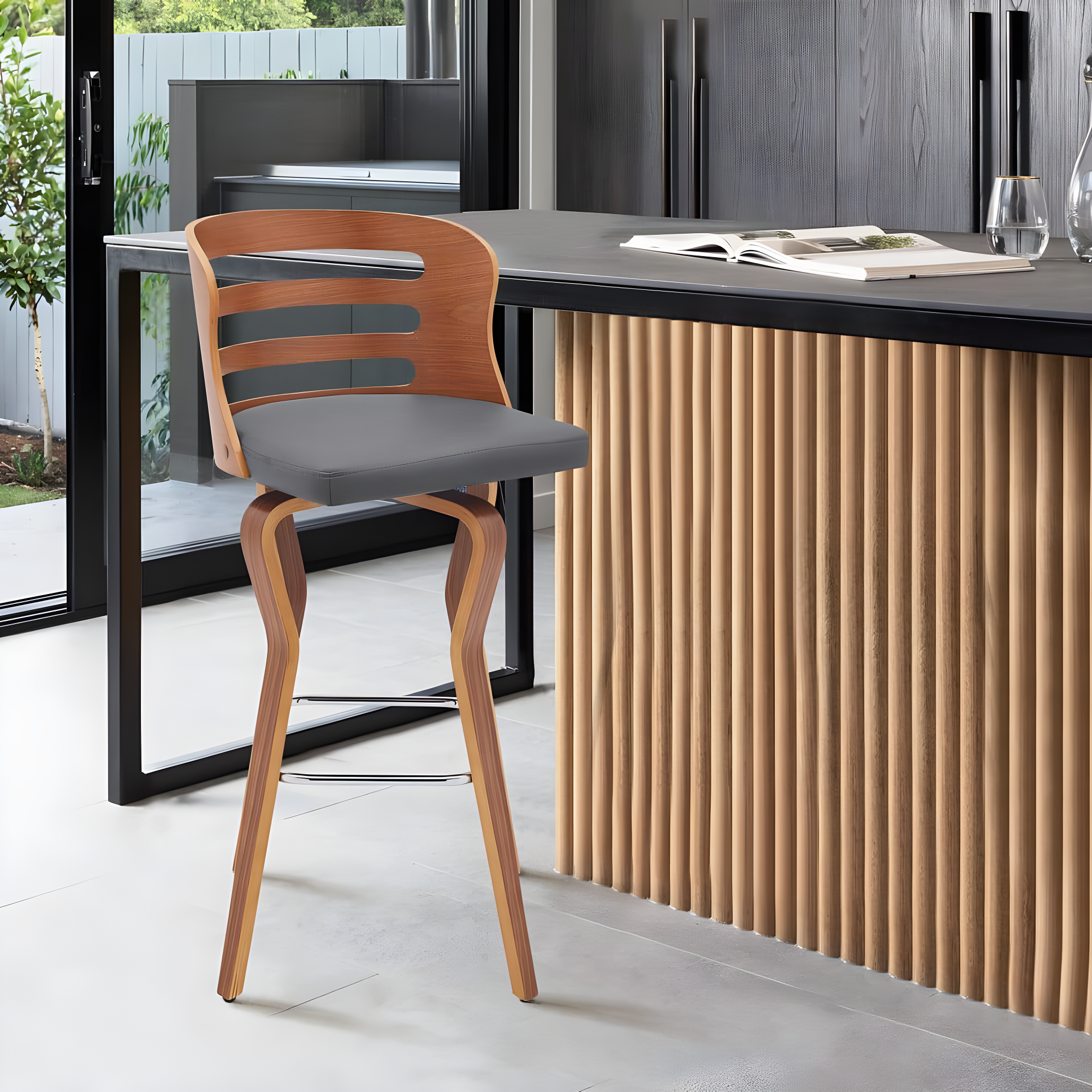 30" Verne Barstool with Faux Leather and Wood Finish Walnut/Gray - Armen Living: Swivel, Footrest, Durable