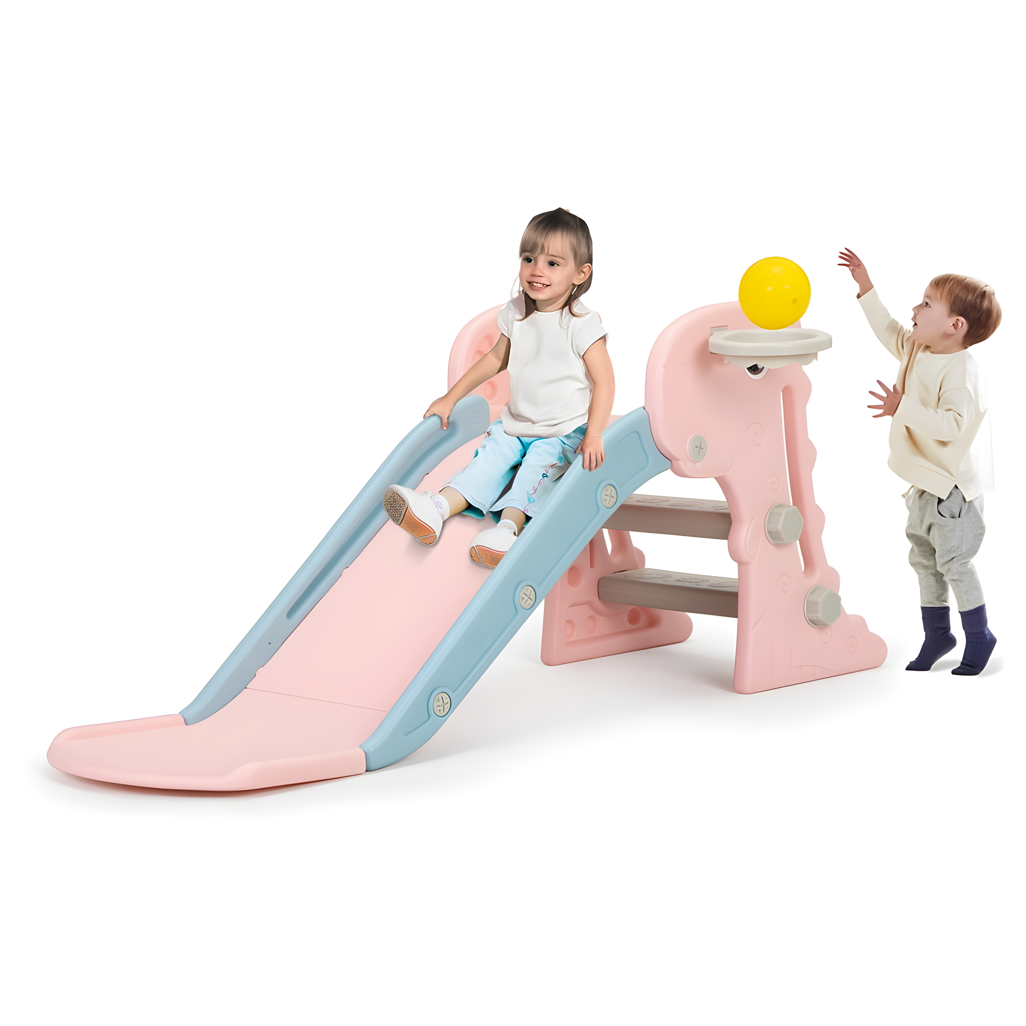 Nyeekoy 3 in 1 Foldable Toddler Large Slide w/ Climbing Ladder, Basketball Hoop, Indoor Outdoor Freestanding Playground for Kids