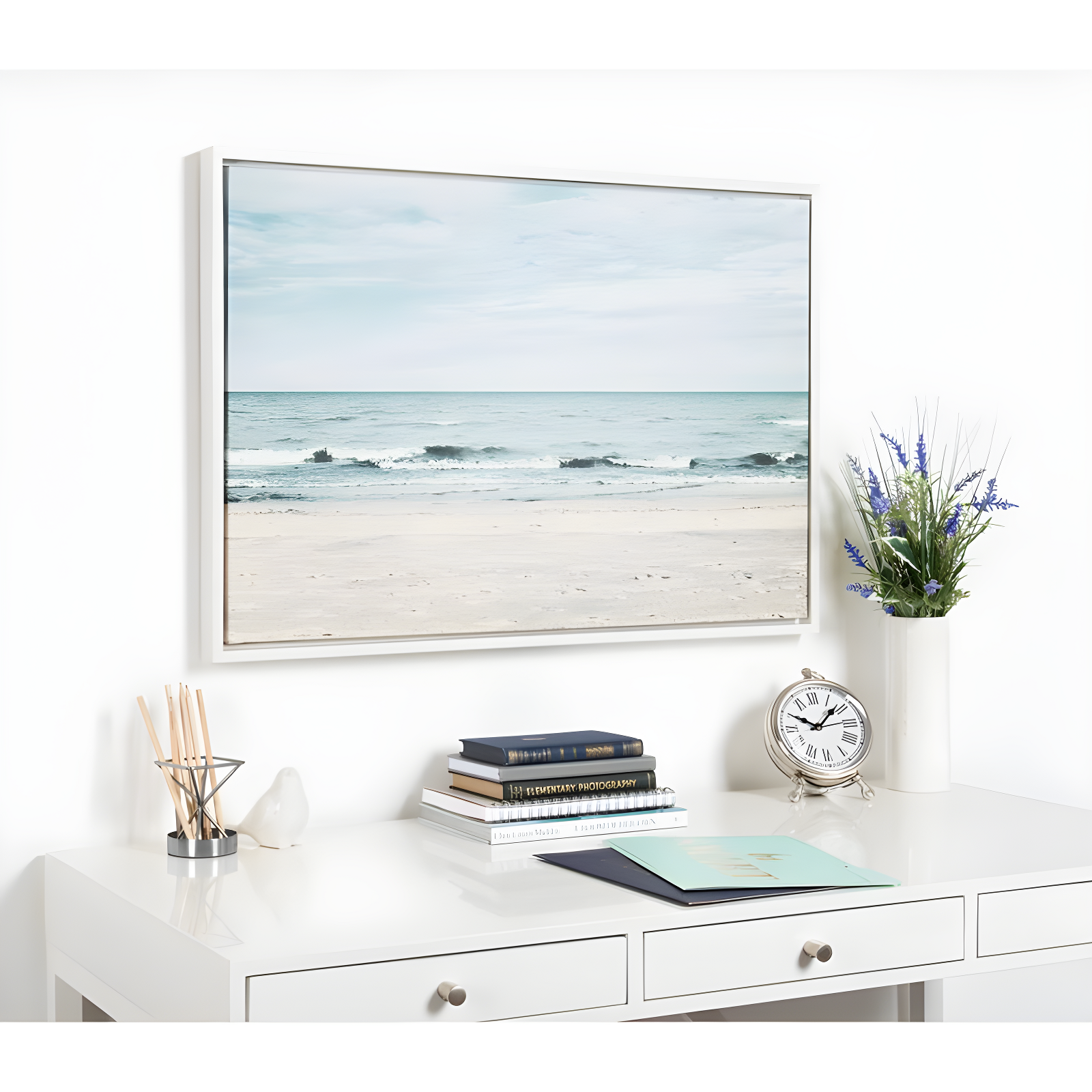 23" x 33" Sylvie Beach 2 Framed Canvas by F2 Images White - Kate and Laurel: Modern Wall Art, Ocean Screen Print, Sawtooth Back Mount